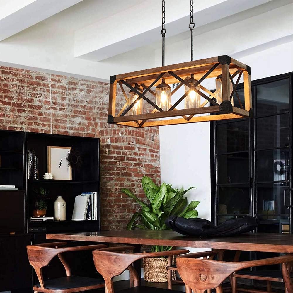 Rеvіеw TABLIGHT Rectangle Birch Wood Metal with 4-Lights Pendant Lamp Light Antique Design Ceiling Lamp Linear Chandeliers