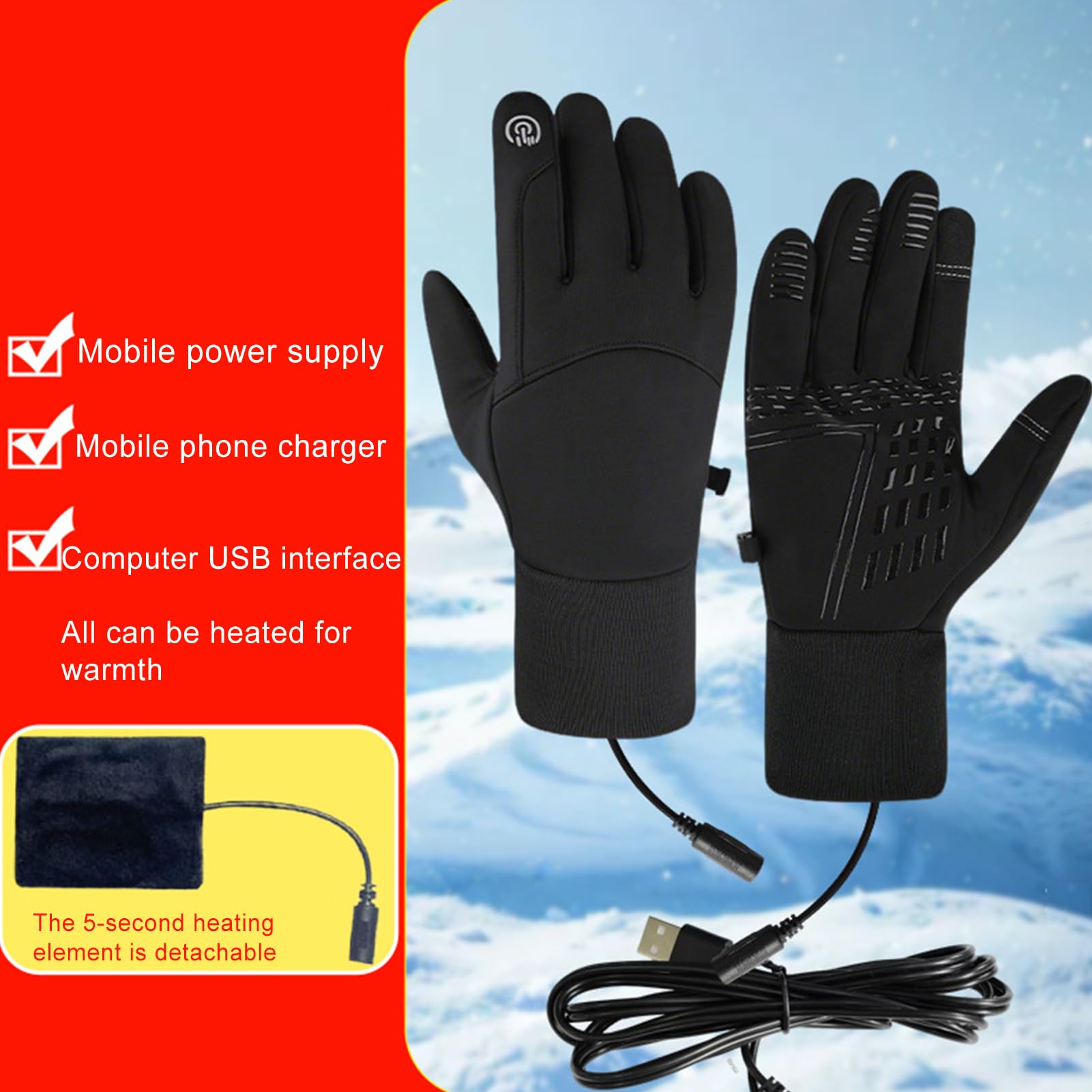 Beheizte Handschuhe - USB, XL, elektrische Handwärmer, wiederaufladbare Winterhandschuhe