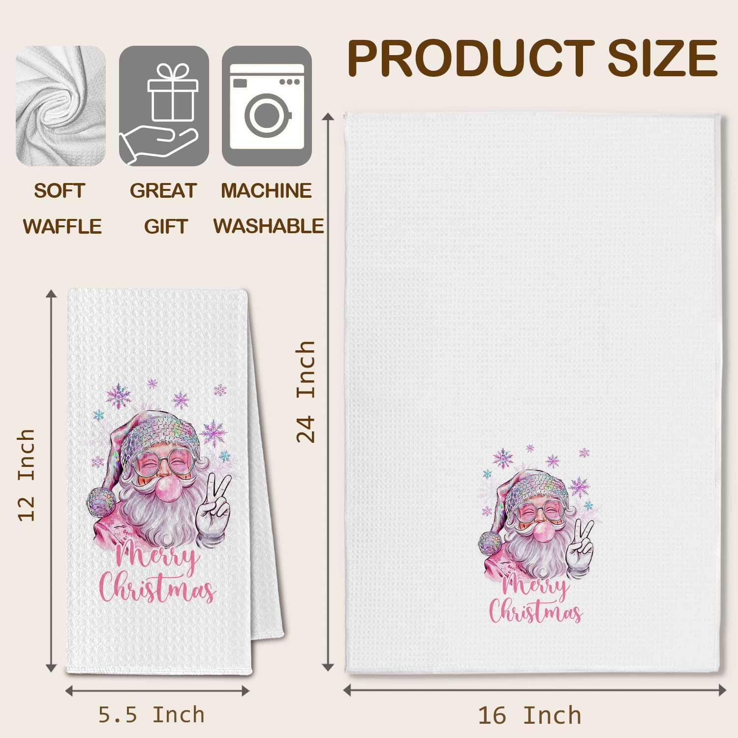Pink Santa Merry Christmas Kitchen Towels, Winter Christmas Dish Towels Drying Cloth for Kitchen, Holiday Xmas Funny Santa Claus Decorative Hand Towel for Bathroom, 16x24 Inch - Image 6