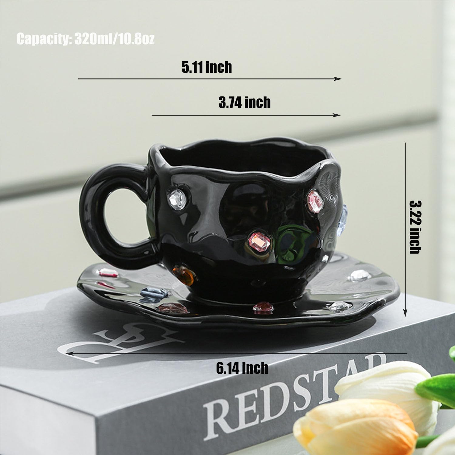 Tazza da caffè, tazza da caffè in ceramica con set di piattini, tazza da caffè creativa con pietre preziose, tazza da caffè irregolare for casa e ufficio, perfetta for latte, tè e latte(Black)