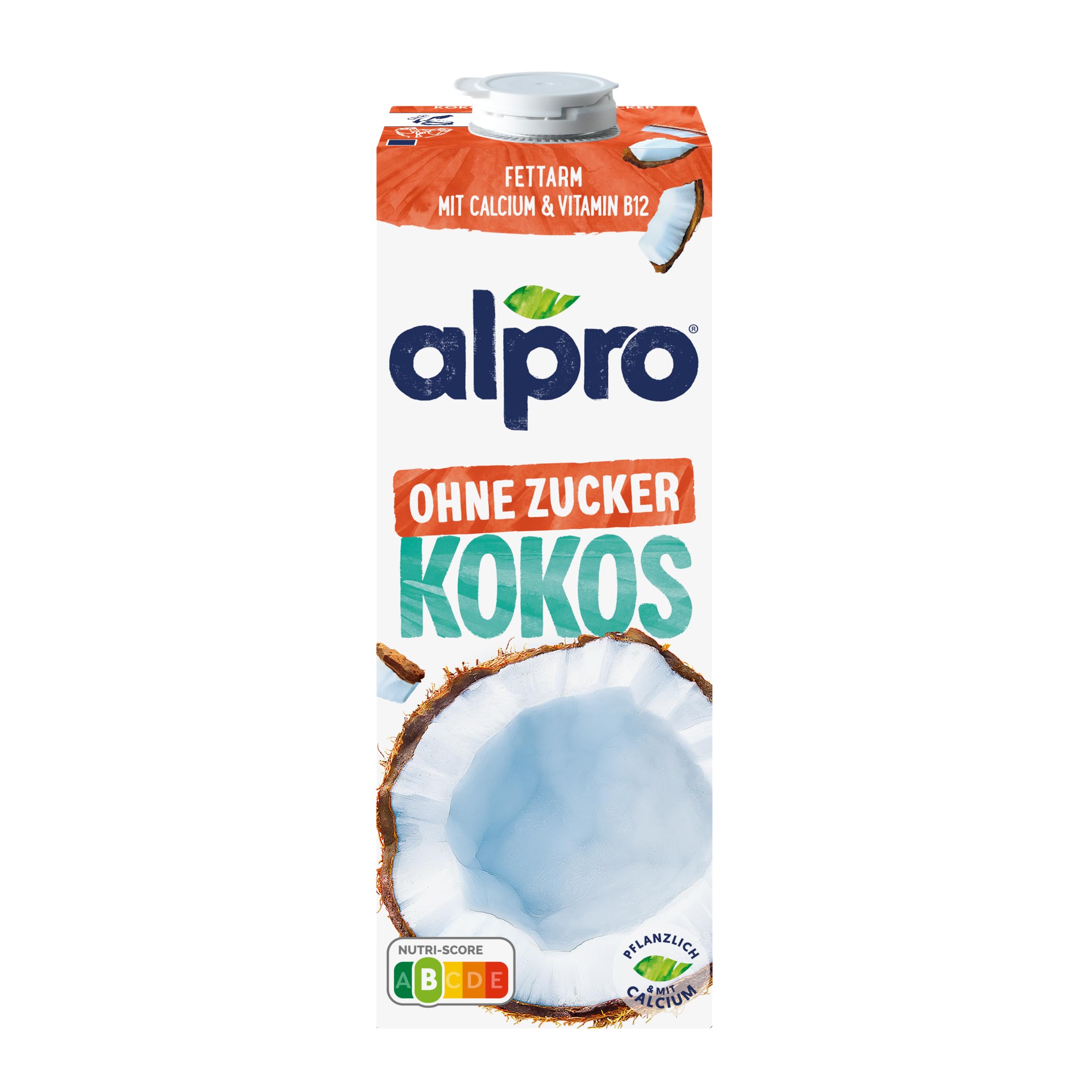 Alpro Kokosnussdrink ohne Zucker – Ohne Süßstoffe – Vegan und milchfrei – Von Natur aus laktosefrei und fettarm – Reich an Calcium und Vitaminen – 8 x 1 L