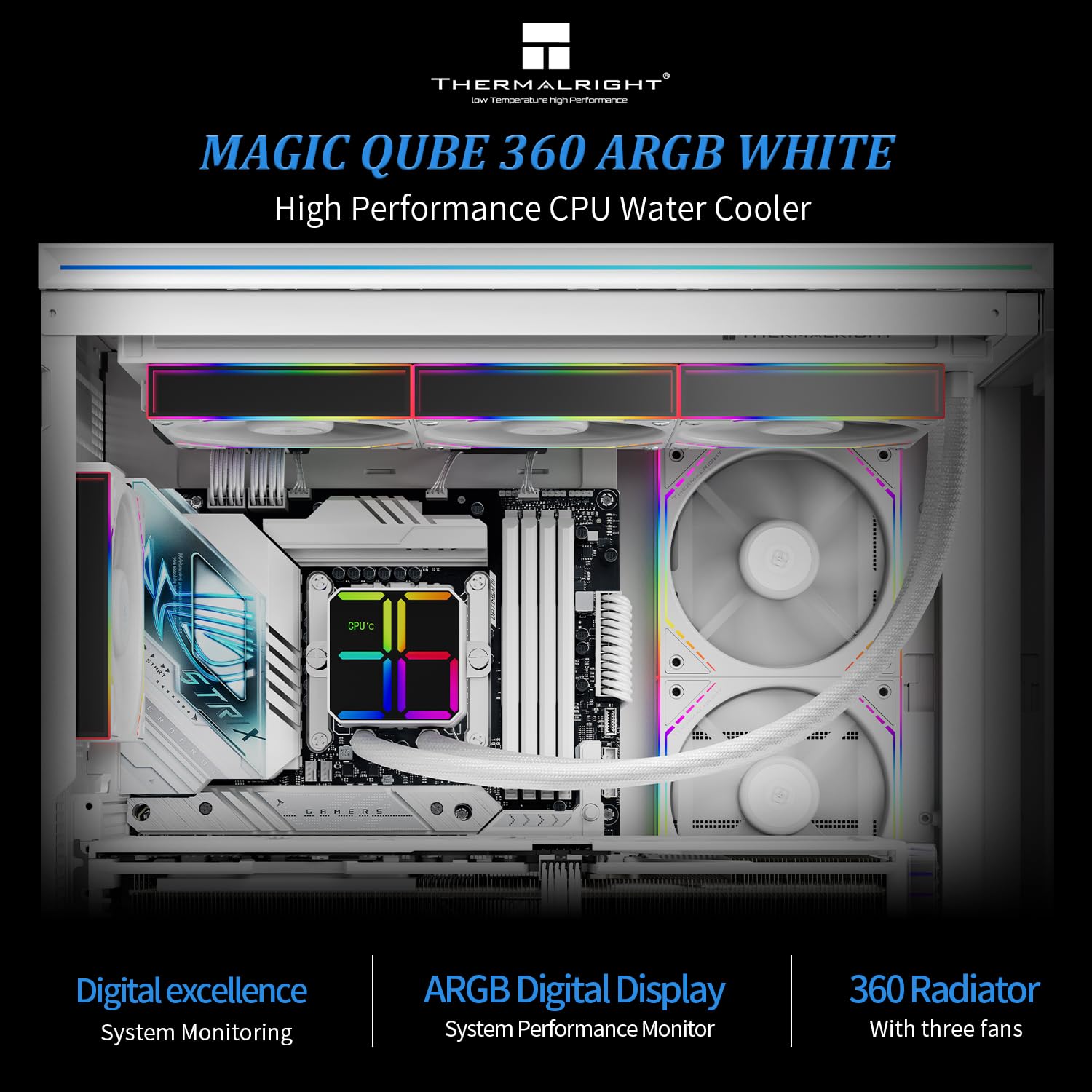 TR Magic Qube 360 ARGB - Enfriador de agua blanco para CPU, ventilador PWM de empalme inalámbrico-ARGB Infinity Mirror, para Intel lga115x/1200/1700/1851, AMD/AM4/AM5, pantalla digital, cabeza fría