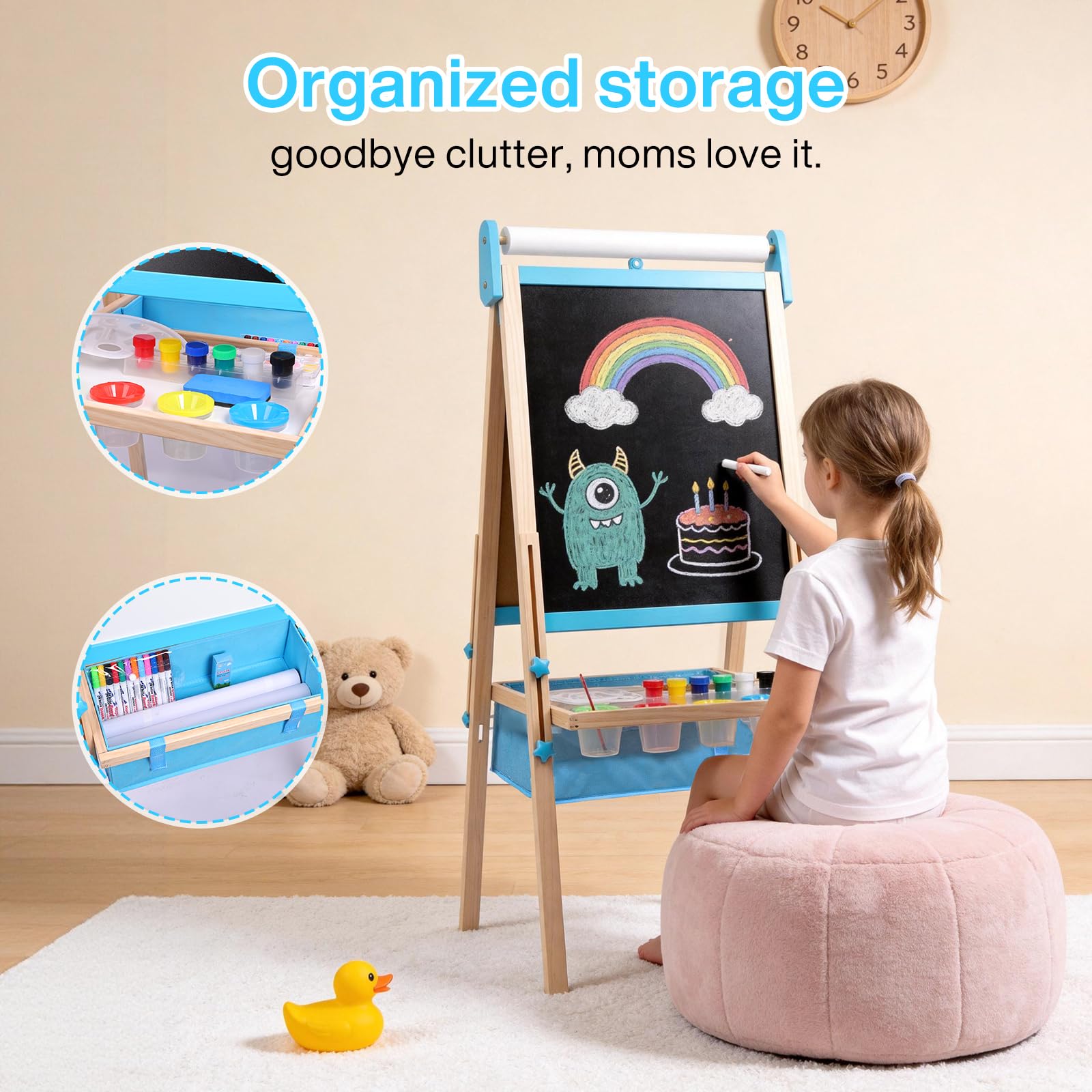 Lavagna per Bambini con Cavalletto Regolabile in Altezza 115-134cm, 3 in 1 Lavagna Magnetica e Bianca in Legno Massello con Rotolo di Carta e Kit 13 Accessori Lifting Drawing Board Bracket