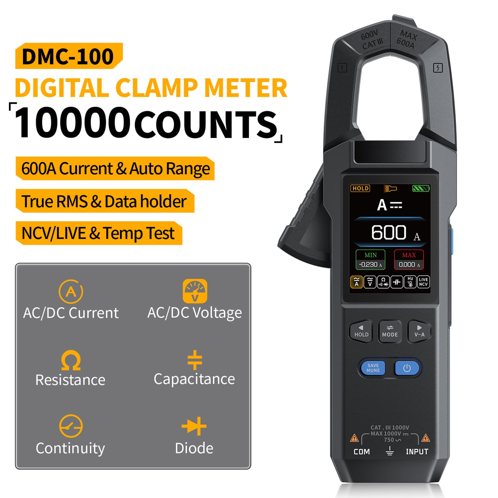 DEWIN Pinza Amperimetrica,10000 Cuentas Pinza Amperimetrica Profesional Tester Electricista per Corrente CA, Tensione CA/CC, Resistenza, Frequenza, Capacità