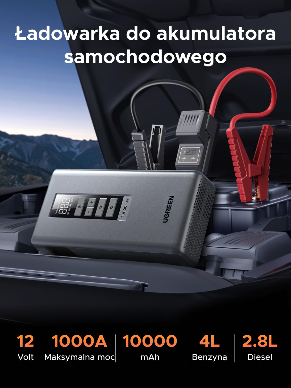 UGREEN 3 w 1 Powerbank 10000 mAh do samochodów z pompką | Ładowarka samochodowa 1000A, duża pojemność, 150 psi, akumulator samochodowy 12 V do benzyny i oleju napędowego, przenośna