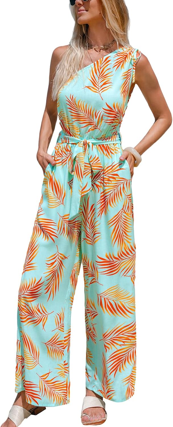 CUPSHE Women's One Shoulder Jumpsuits Floral Wide Leg Pants | Sleeveless Dressy Casual Jumper, 2026 One Piece Trendy Travel Outfits Pockets, Adjustable Tie Front, Loose Fit Overalls