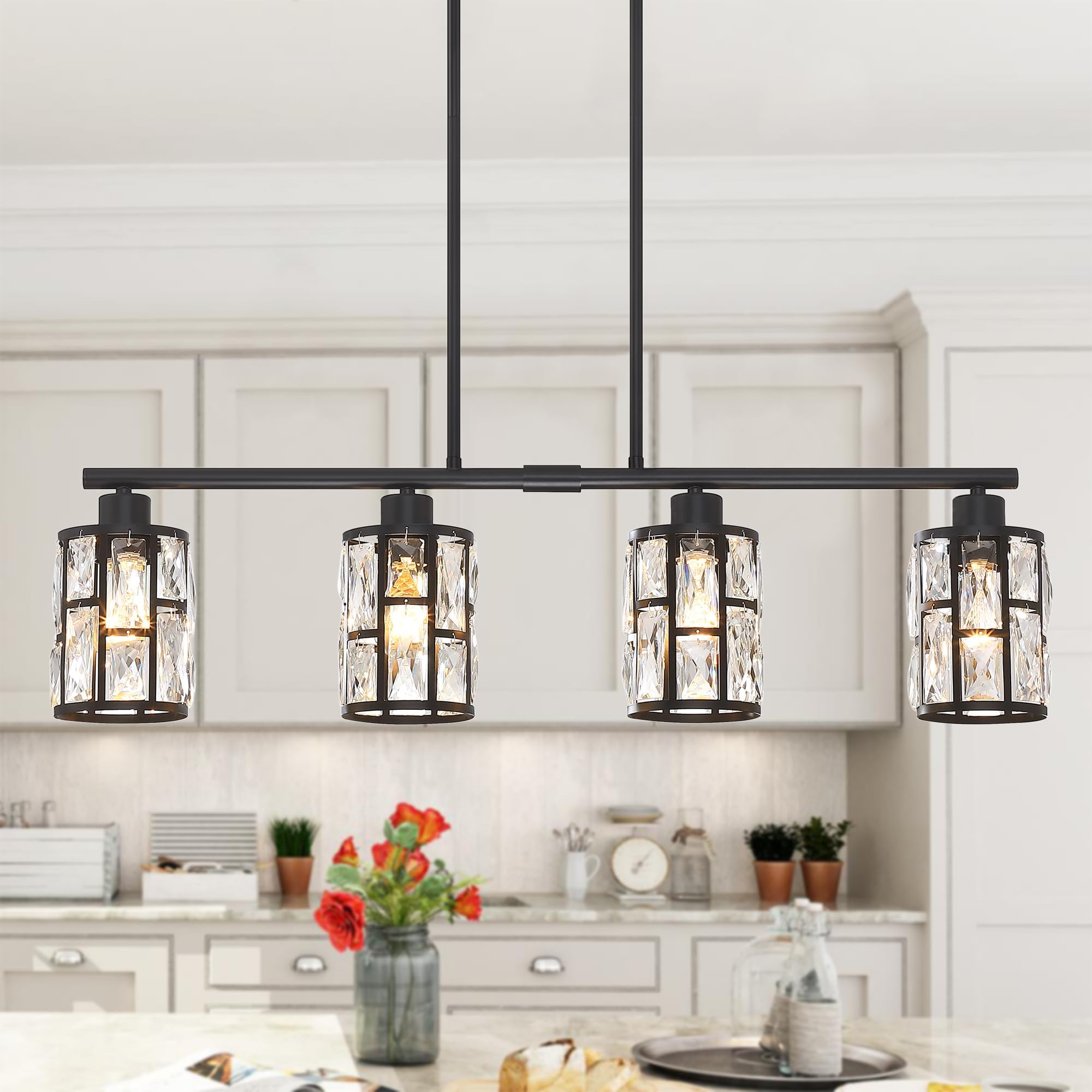 MEXO Crystal Pendant Light Fixture for Kitchen Island Dining Room, Farmhouse Chandelier Matte Black Close to Ceiling Lightings Over Table