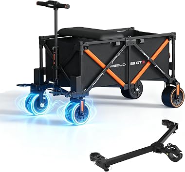 WISELD GT3 Electric Wagon Cart with Seat, Battery &Tow Hitch, Load 771 LBS, Riding & Tow-Assist Foldable Motorized Utility Wagon for Camping, Garden, Farm,Trade Show & Sports