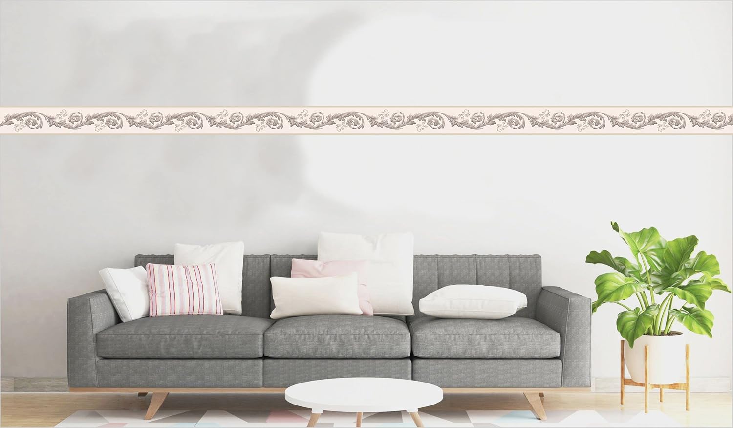 Dundee Deco Wallpaper Border Peel and Stick DDAZBD9283 Damask Grey Brown Vines Scrolls Wall Border Retro Design, 15 ft x 7 in (4.57m x 17.78cm), Self Adhesive