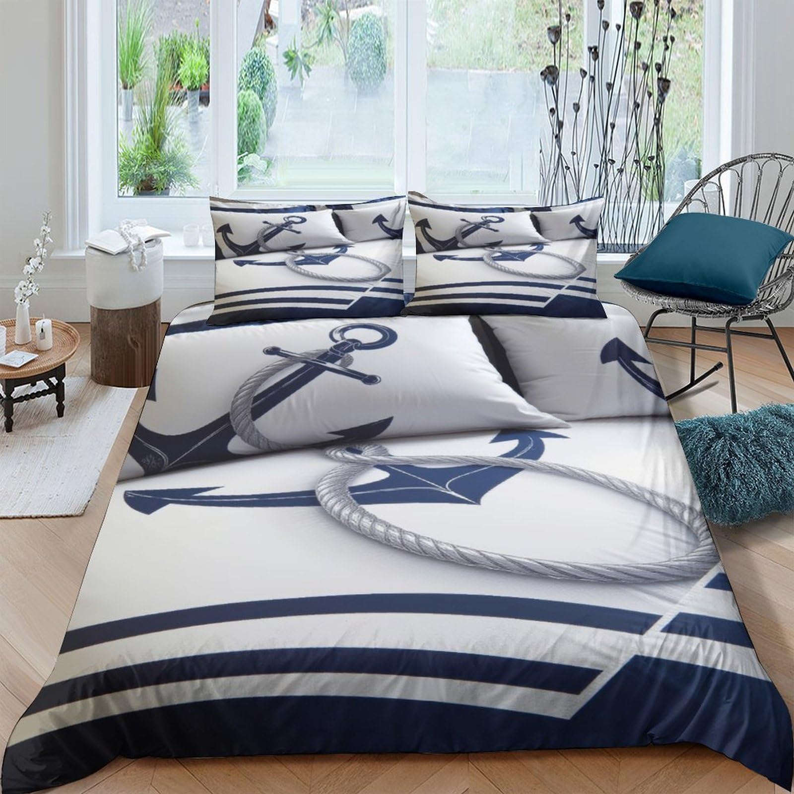 Ctjqhvkz Style-6 3D Printed Nautical Anchor Fitted Sheet Microfiber Soft Blue White Rope Mattress Cover For Bedroom Home Decor Single（135X200cm）