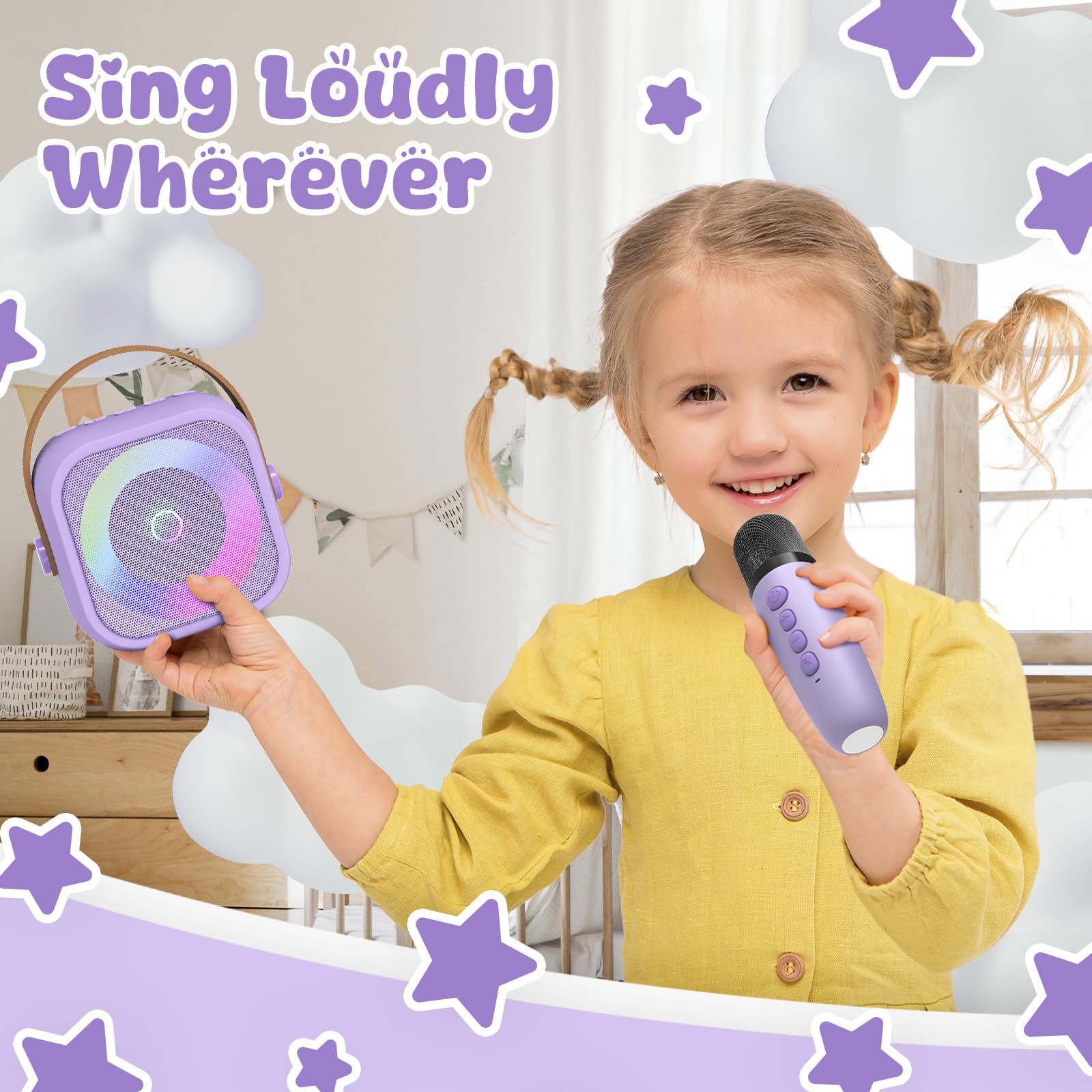 Maszyna Do Karaoke Dla Dzieci Z 2 Mikrofonami,Bezprzewodowy Bluetooth, Z Efektami Zmiany Gosu I Diodami Led Prezent Dla Dziewczynek, Dla Dziewczynek W Wieku 3-12 Lat Prezent Urodzinowy