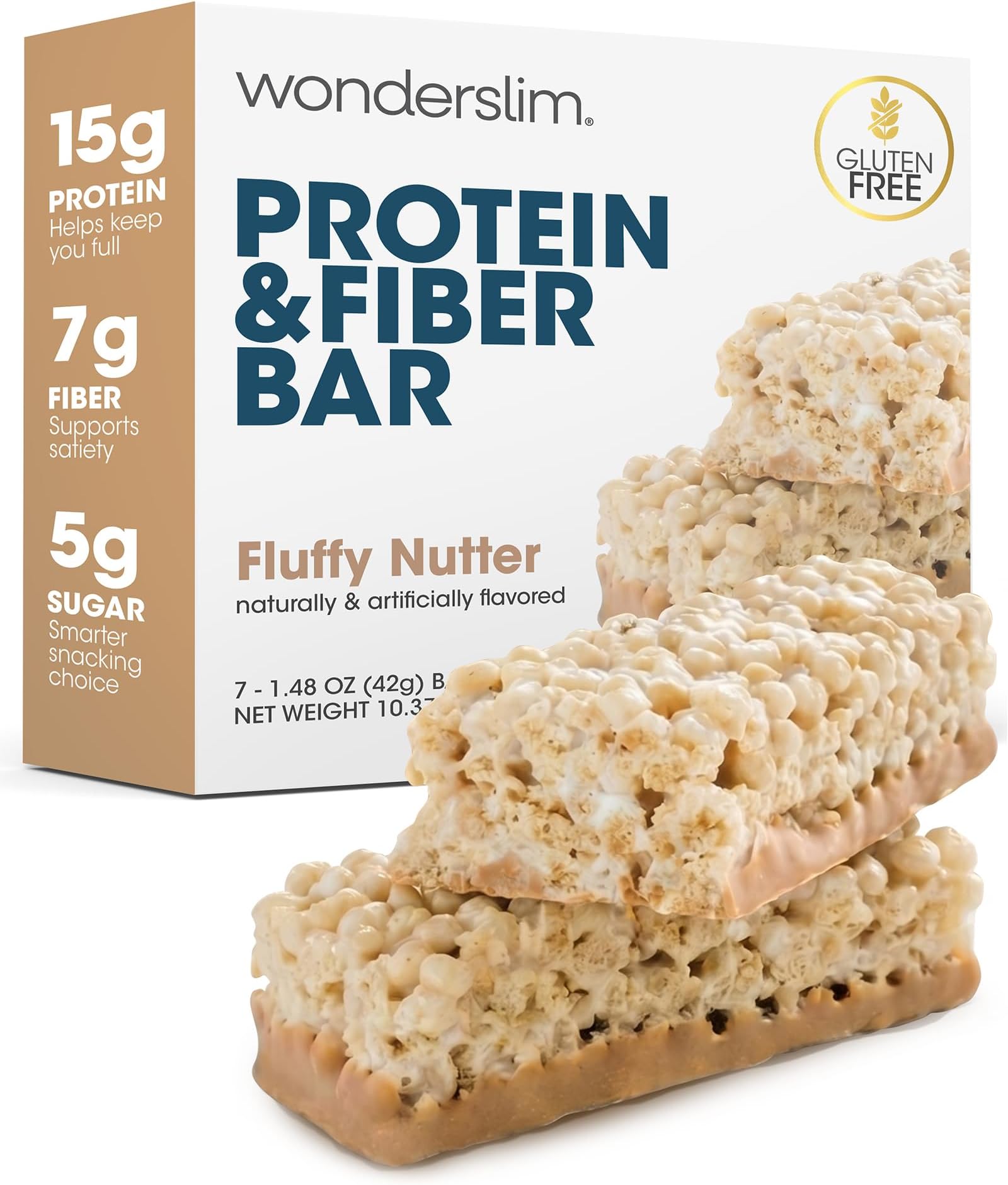Wonderslim High Fiber Protein Bars, Low Calorie Snack – Fluffy Nutter, 7ct | 15g Protein, 7g Fiber – Gluten-Free, Low Sugar, Protein Snack Bars for Hunger & Craving Control, Weight Management Support