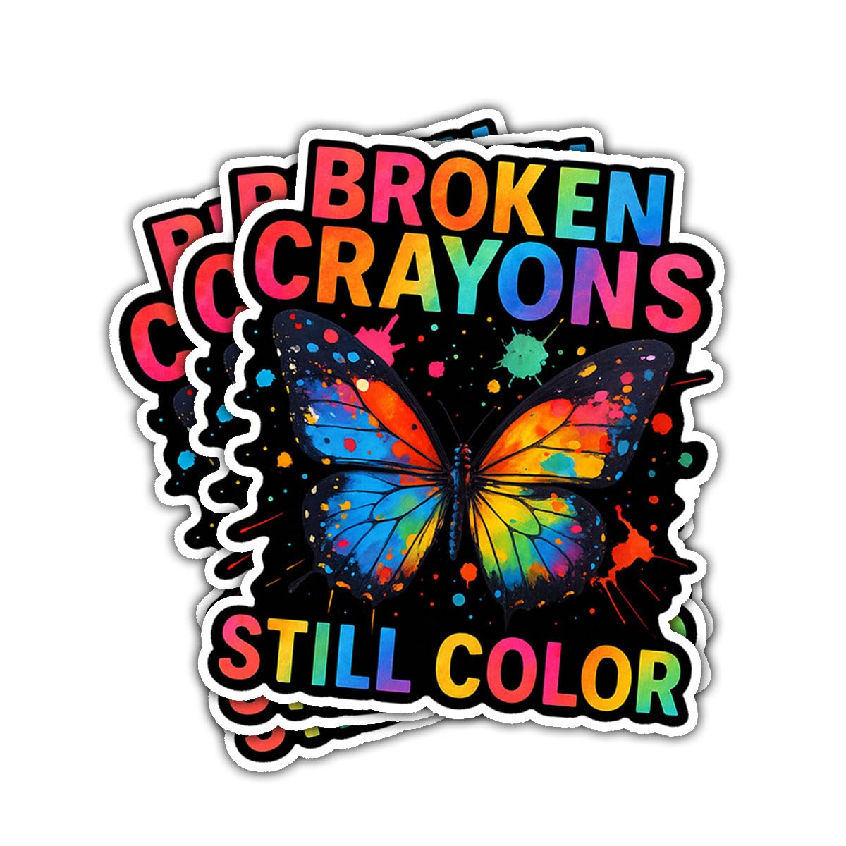Calcomanías de TDAH y autismo con diseño de mariposa y crayones rotos