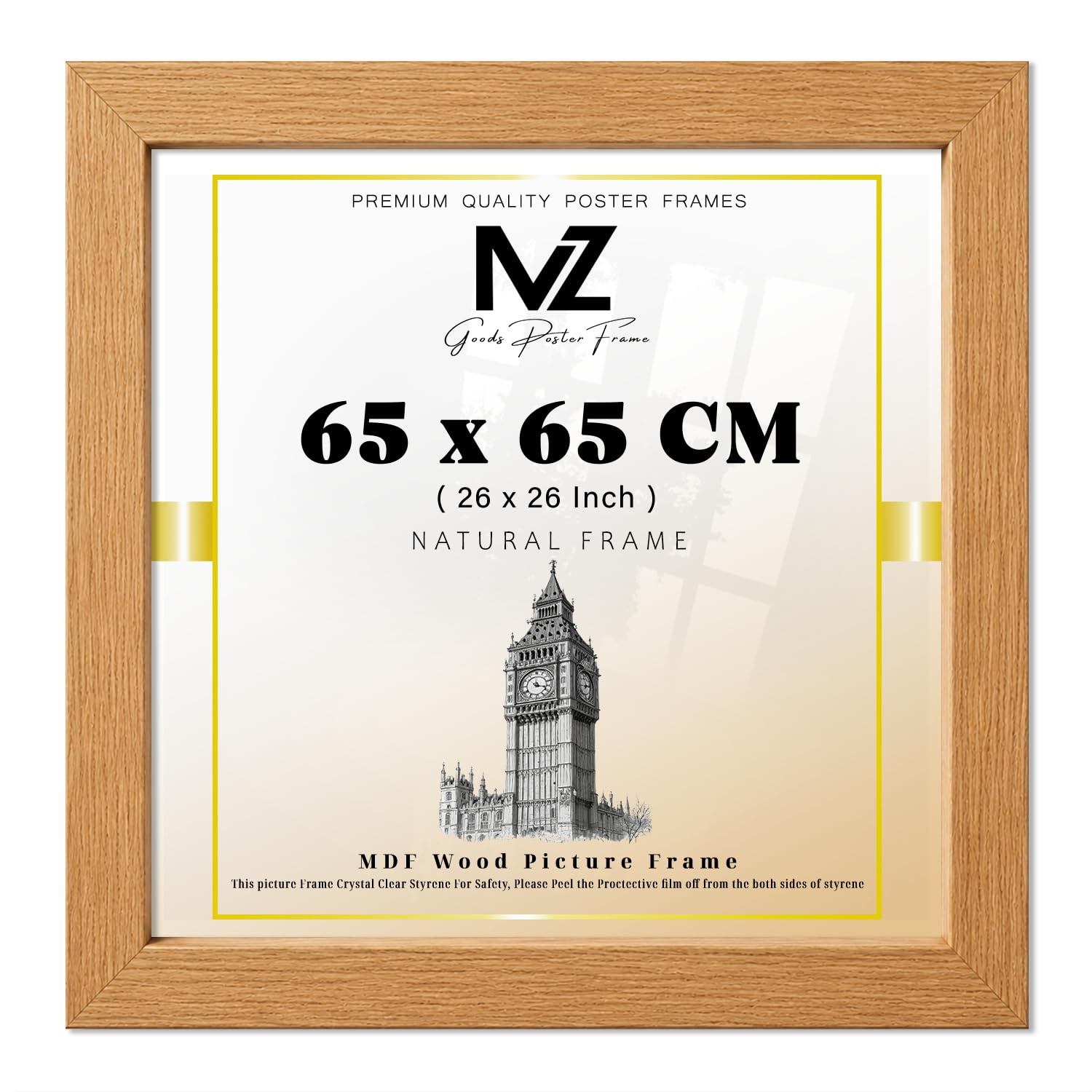MZ GOODS | MDF Poster Frame (65 x 65 CM) 26" x 26" for Movie Posters, Sketch Art, MDF Wood Finish, Secure Hanging Hooks for Display [ Oak ]