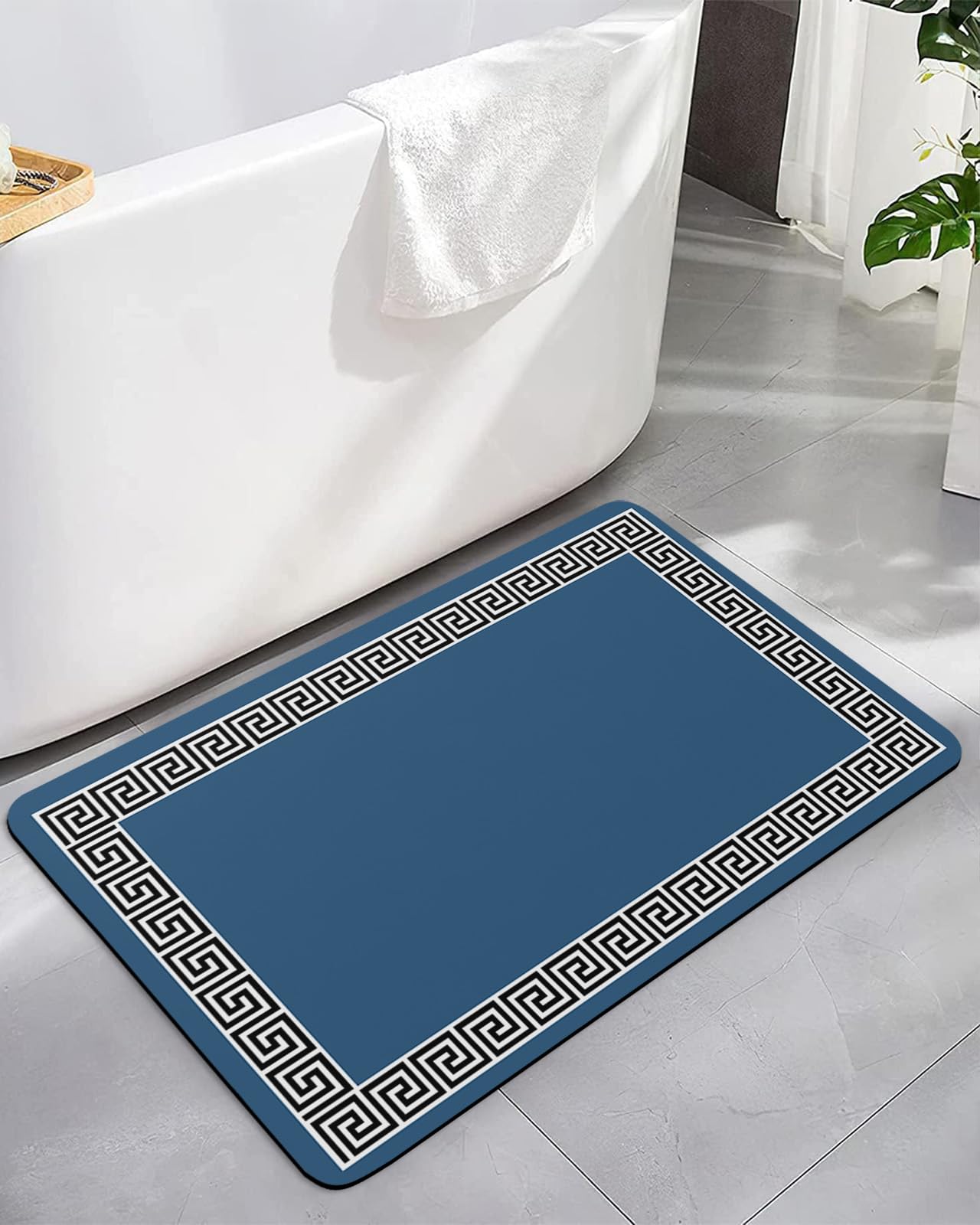 ALAGEO Geometric Greek Key Design Bath Mat Rug Quick Dry Absorbent Rubber Backed Bathroom Mat Blue Bathroom Rugs Fit Under Door-Bath Mats Shower Rug for Bathroom Floor Mat in Front of Sink 24"x 36"