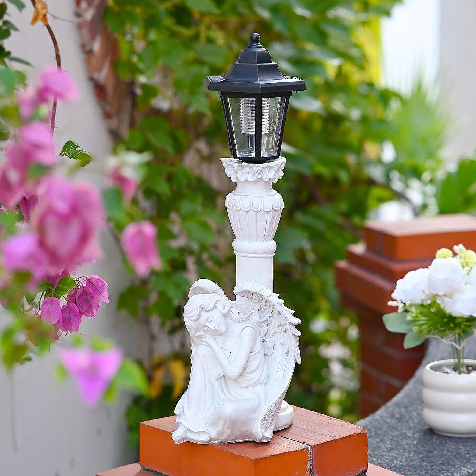 Perfeclan Estatua Ángel de Jardín con Luz Solar Ornamento Escultural Figura Creativa de Resina Lámpara para Exterior Adecuado para Patio Jardín Reuniones al