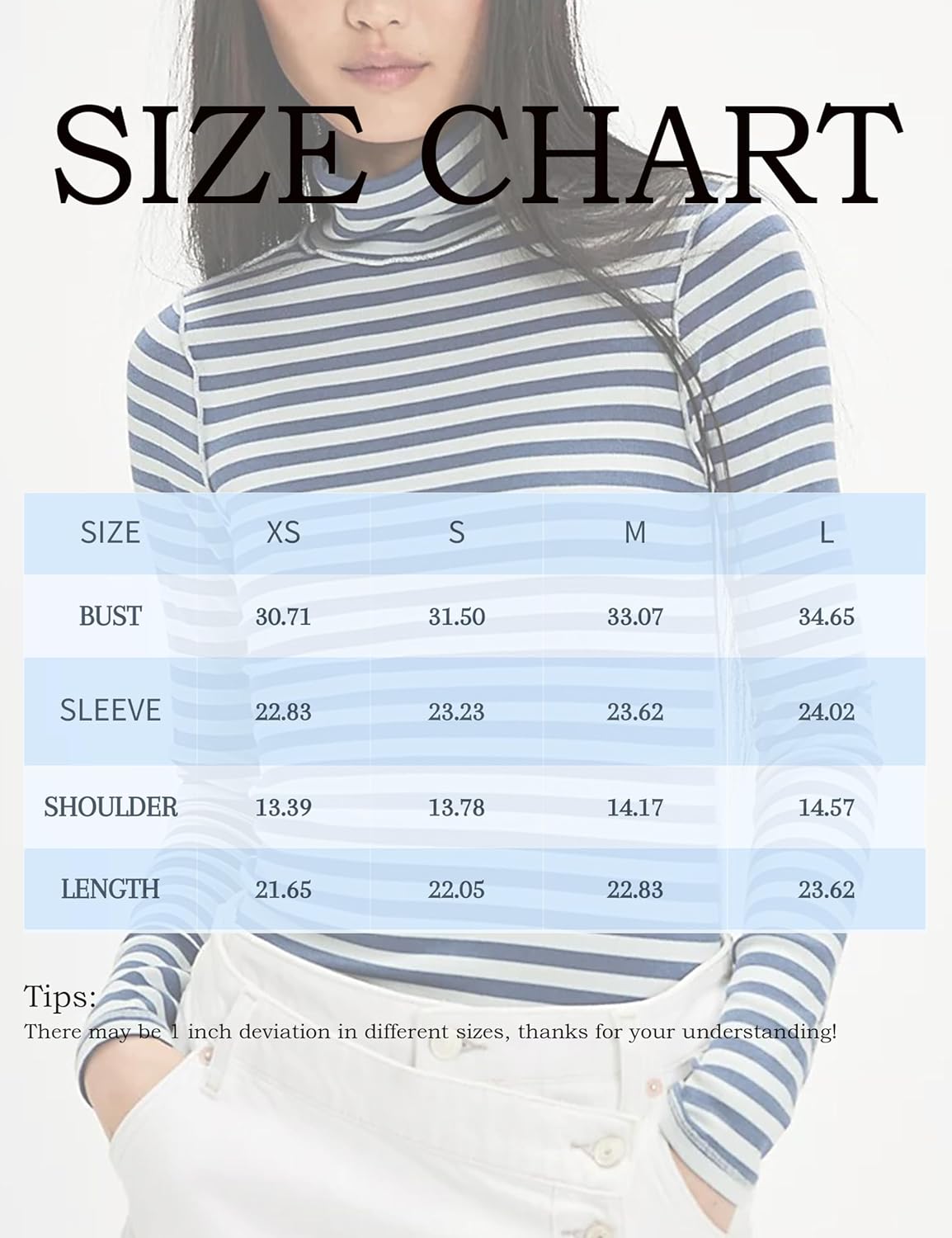 Women's Turtleneck Long Sleeve Shirt - Slim Fit Striped Stretch Blouse Basic Top 2024
