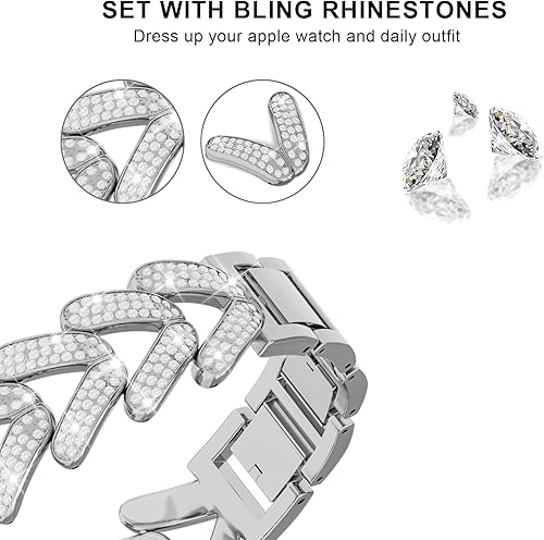 Miniatura 3 de Correa de metal compatible con Apple Watch de 1.49, 1.57, 1.61, 1.65, 1.73, 1.77 y 1.77 pulgadas, elegante correa de repuesto con diamantes de