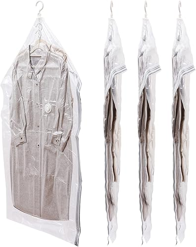 LEVERLOC Bolsas colgantes de almacenamiento al vacío para ropa, transparentes, paquete de 4 bolsas de almacenamiento de sellado al vacío para ropa,