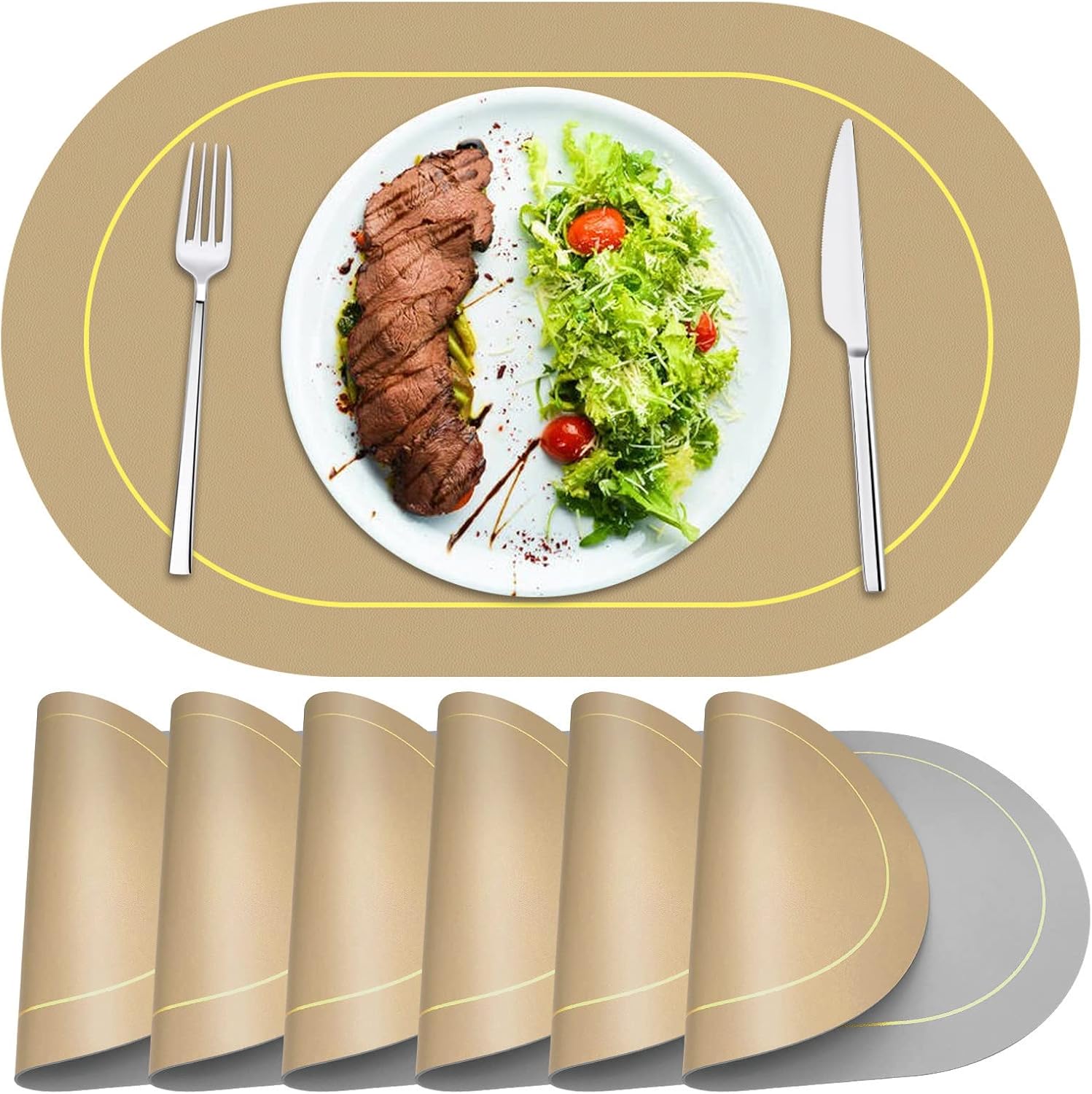 Oval Placemats Set of 6 - MYGCCA Faux Leather Placemats for Dining Table Double Sided Color Wipeable Table Mats Heat Resistant Placemats for Kitchen Wedding Restaurant Table (Tan, Grey)