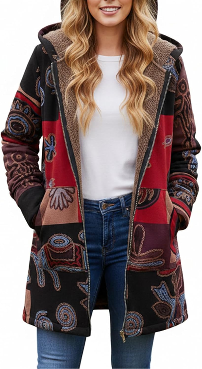 Womens Fleece Lined Jacket Zip Up Long Sleeve Hooded Vintage Print Fall Winter Warm Plus Size Coat With Pockets