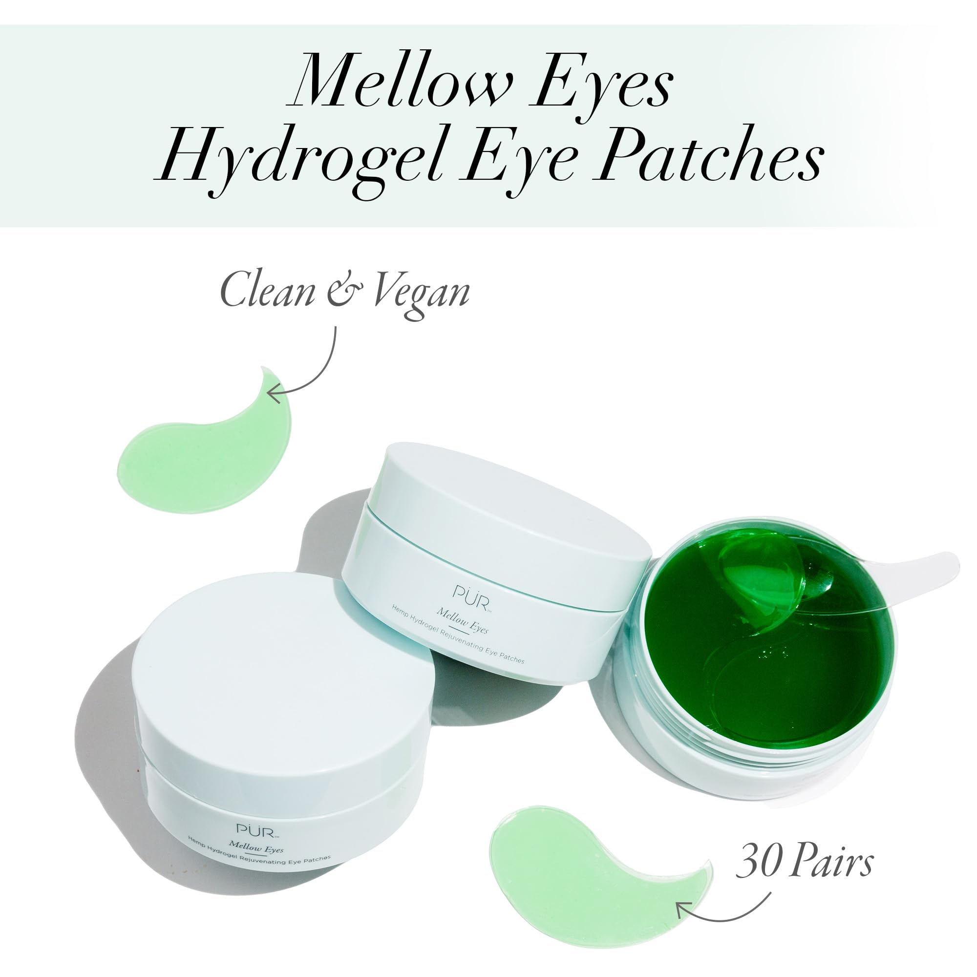 PÜR MINERALS Hydrogel Rejuvenating Under Eye Patches, Mellow Eyes - Hydrates, Plumps & Brightens Under Eye - Hemp Seed Oil, Green Tea Extract, Kiwi Fruit Extract - Cruelty & Gluten Free - 30 Pairs