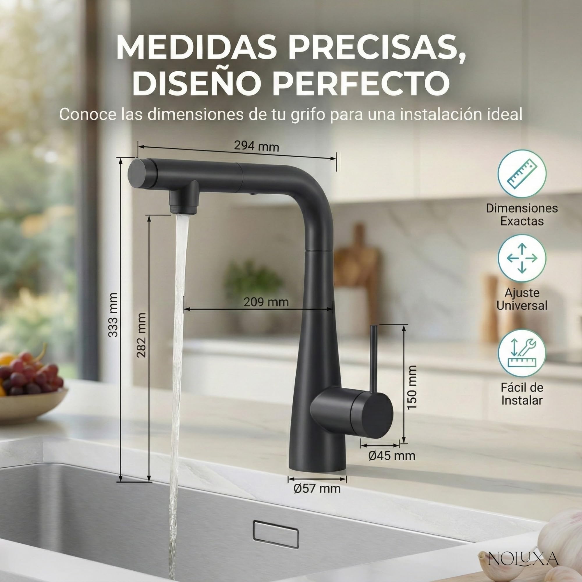 IMEX - Grifo Cocina Extraíble Negro con Osmosis Integrado | Grifo Momando Osmosis 2 Vías con Ducha Extraíble | Grifería en Latón | Serie Split | Color Negro Mate