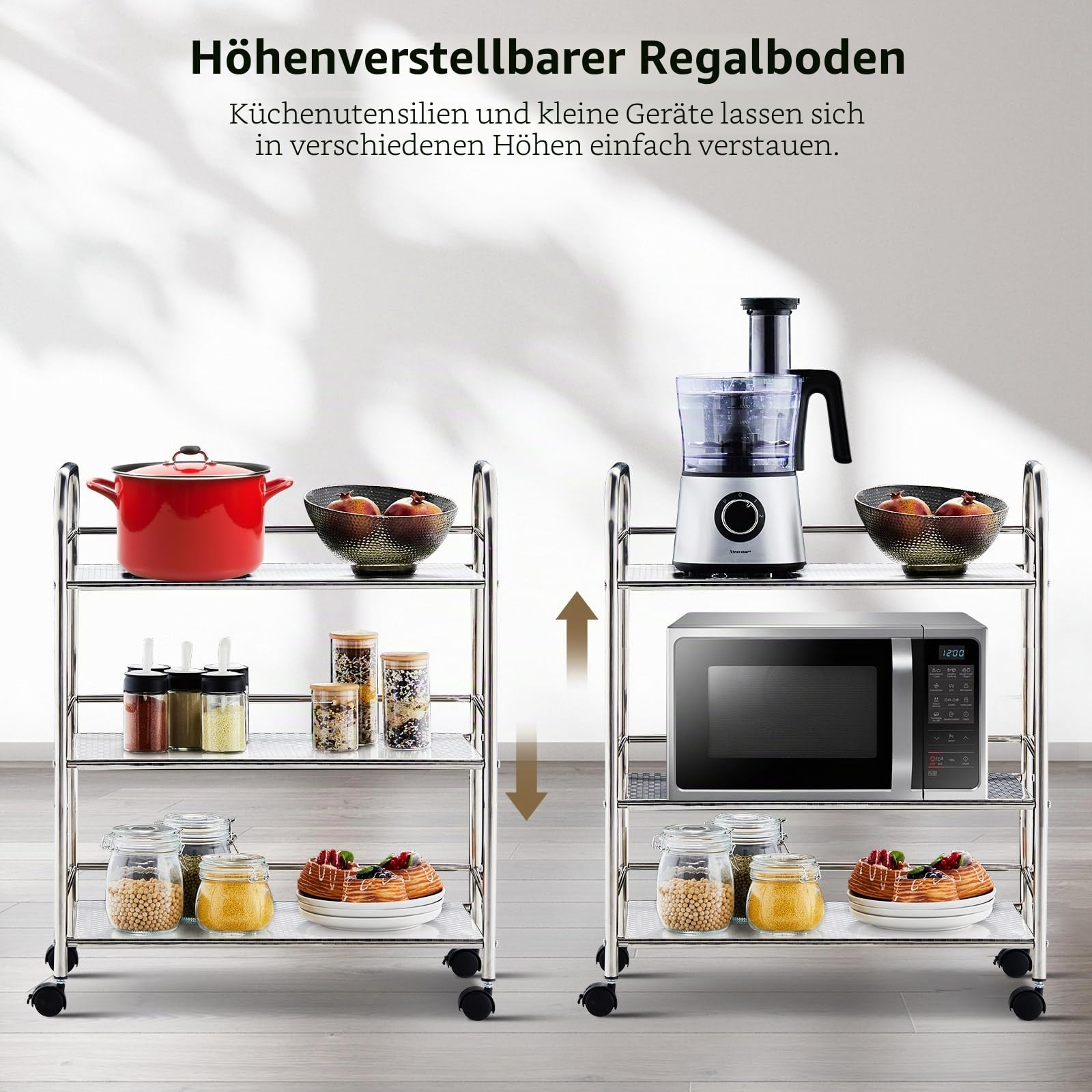 TUKAILAI Servierwagen Edelstahl mit Rollen, Küchenwagen auf Rollen, Nischenwagen mit 3 Regal, rollregal, küchenrollwagen, aufbewahrungswagen, beistellwagen,teewagen,Küche,Silver (35×60×75cm)