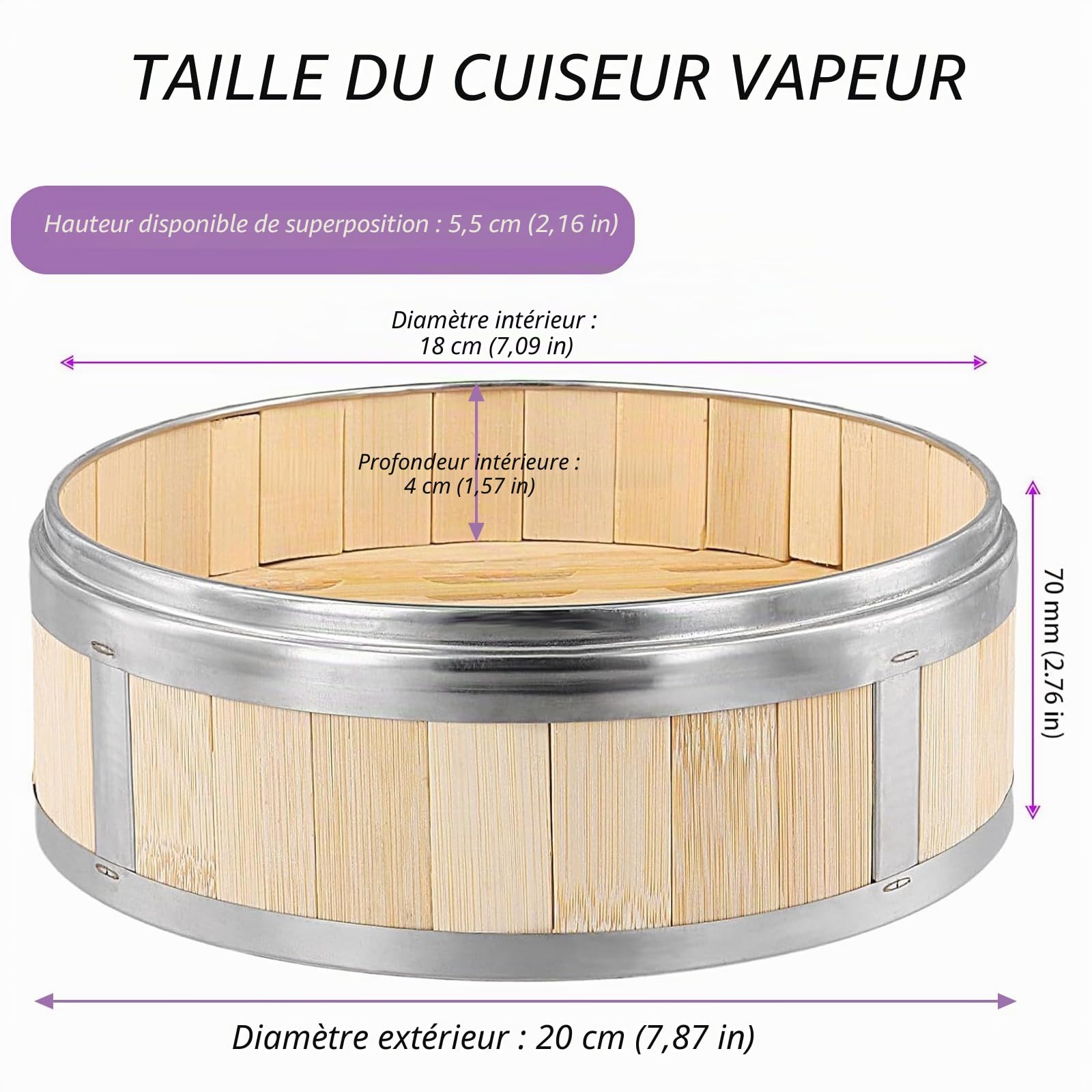 Panier vapeur en bambou de 20 cm avec couvercle, 4 niveaux en bambou avec bande en acier inoxydable pour petits pains, raviolis, dim sum