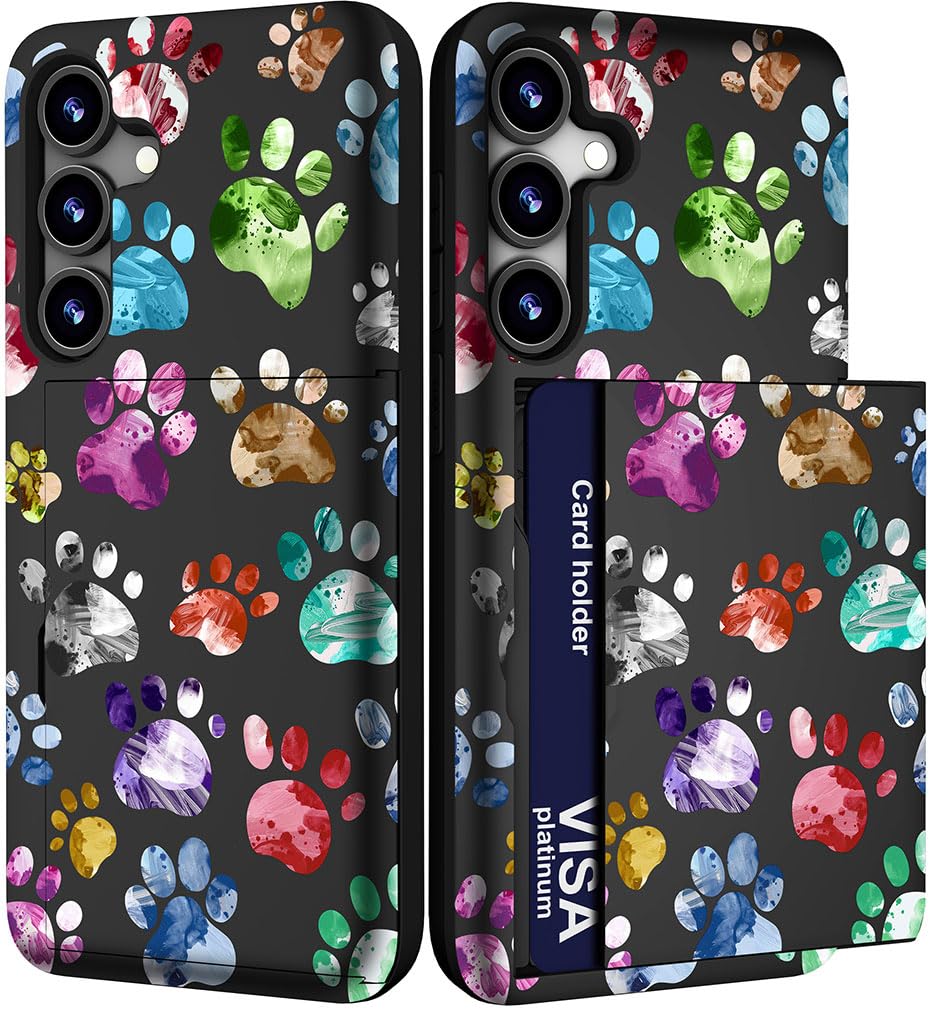 Compatible with Samsung Galaxy S23 FE Case Cute with Card Holder / S23FE Slim Wallet Phone Cover for Women/Colorful Doodle Paws Dog Craws Footprints Animal Watercolor
