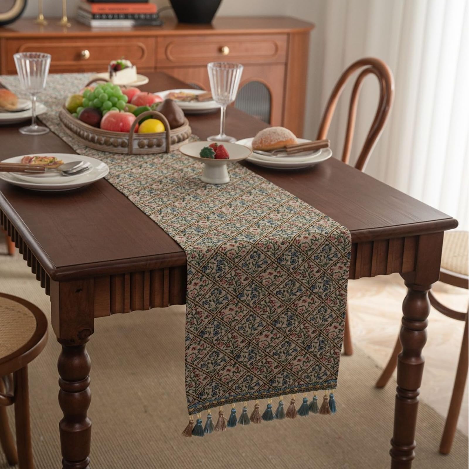 Chemin de table champêtre déco grand format 33x400cm jacquard à fleurs pour mariage et réception