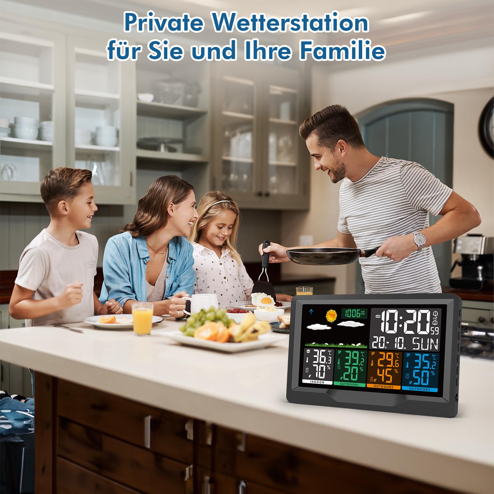 Wetterstation Funk mit Außensensor, Wetterstation Funk mit 3 Außensensor, 7,5" VA-Farbdisplay Funkwetterstation mit DCF Funkuhr, Innen- & Außentemperatur, Luftfeuchtigkeit, Wettervorhersaget für Hau