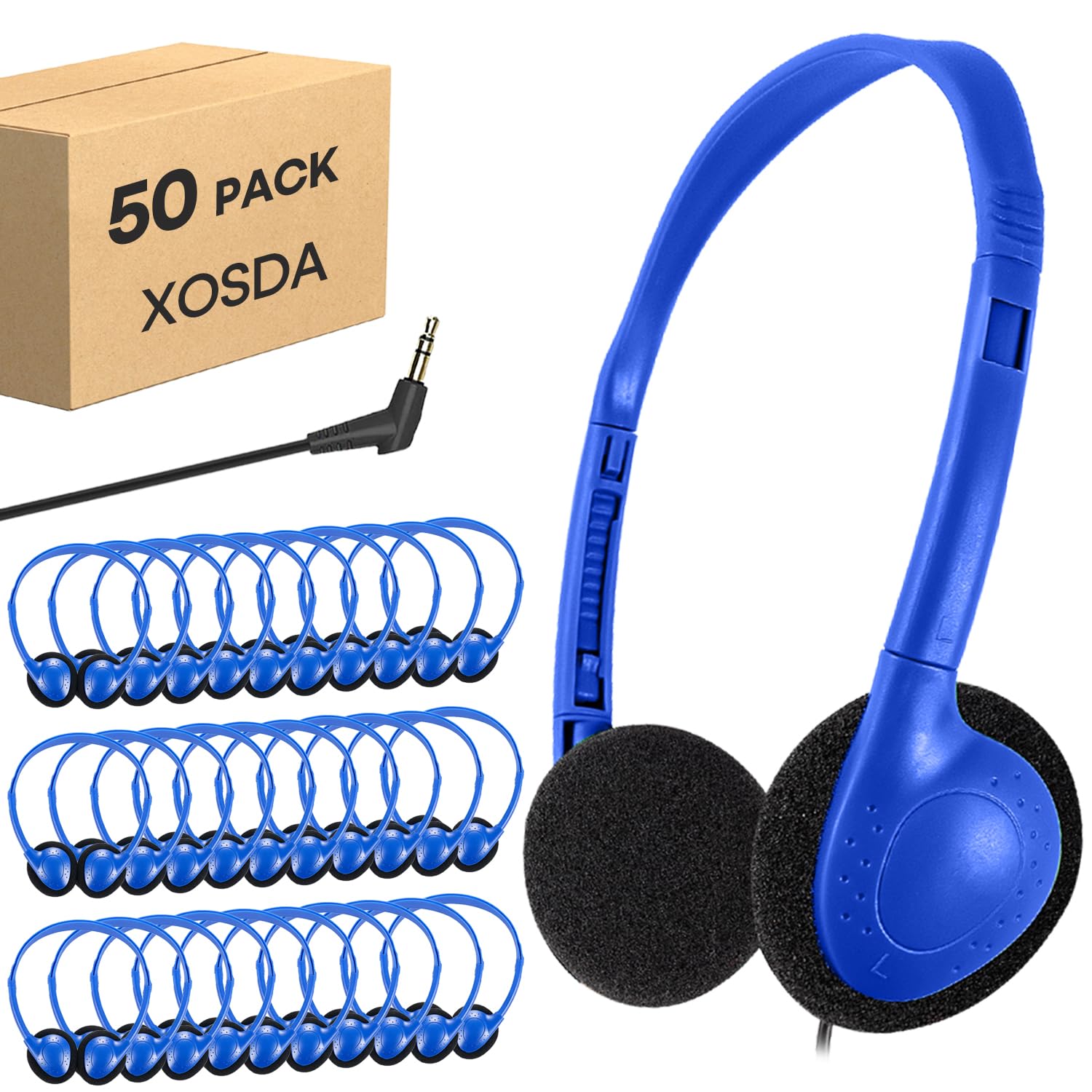 Paquete de 50 auriculares de aula a granel para la escuela de niños, juego de clases al por mayor, auriculares con cable ajustables con conector de 3.5 mm para estudiantes, adolescentes, niños