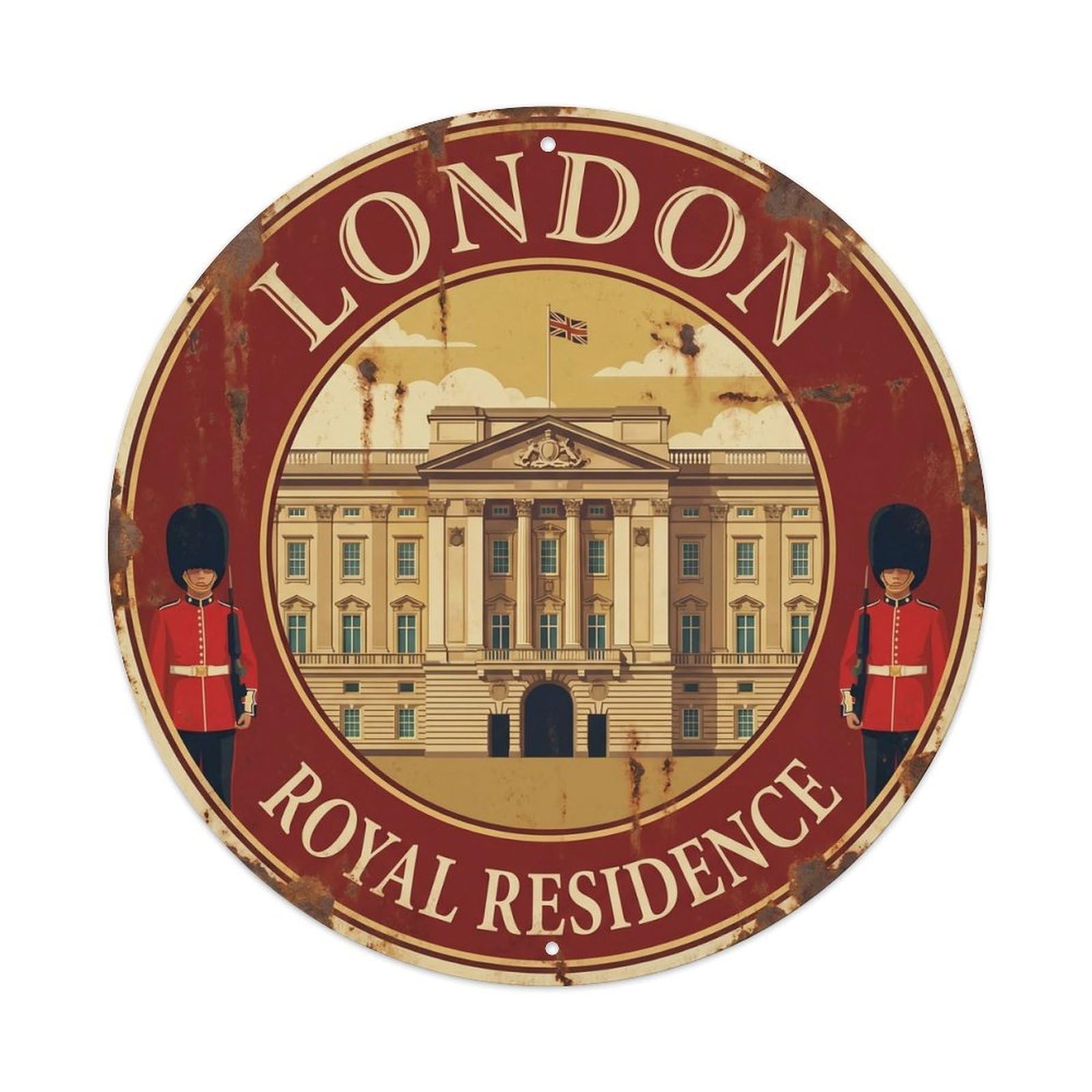 Vintage Travel London Buckingham Palace Metal Tin Sign Plaque Wall Decor for Cafe, Club, Garden Round Metal Poster 8x8Inch