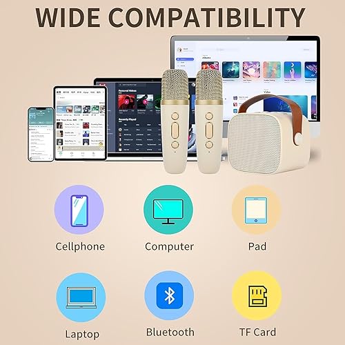 Miniatura 4 de Mini máquina de karaoke con 2 micrófonos inalámbricos, altavoz portátil de karaoke Bluetooth para niños y adultos con luces LED, regalos para niñas