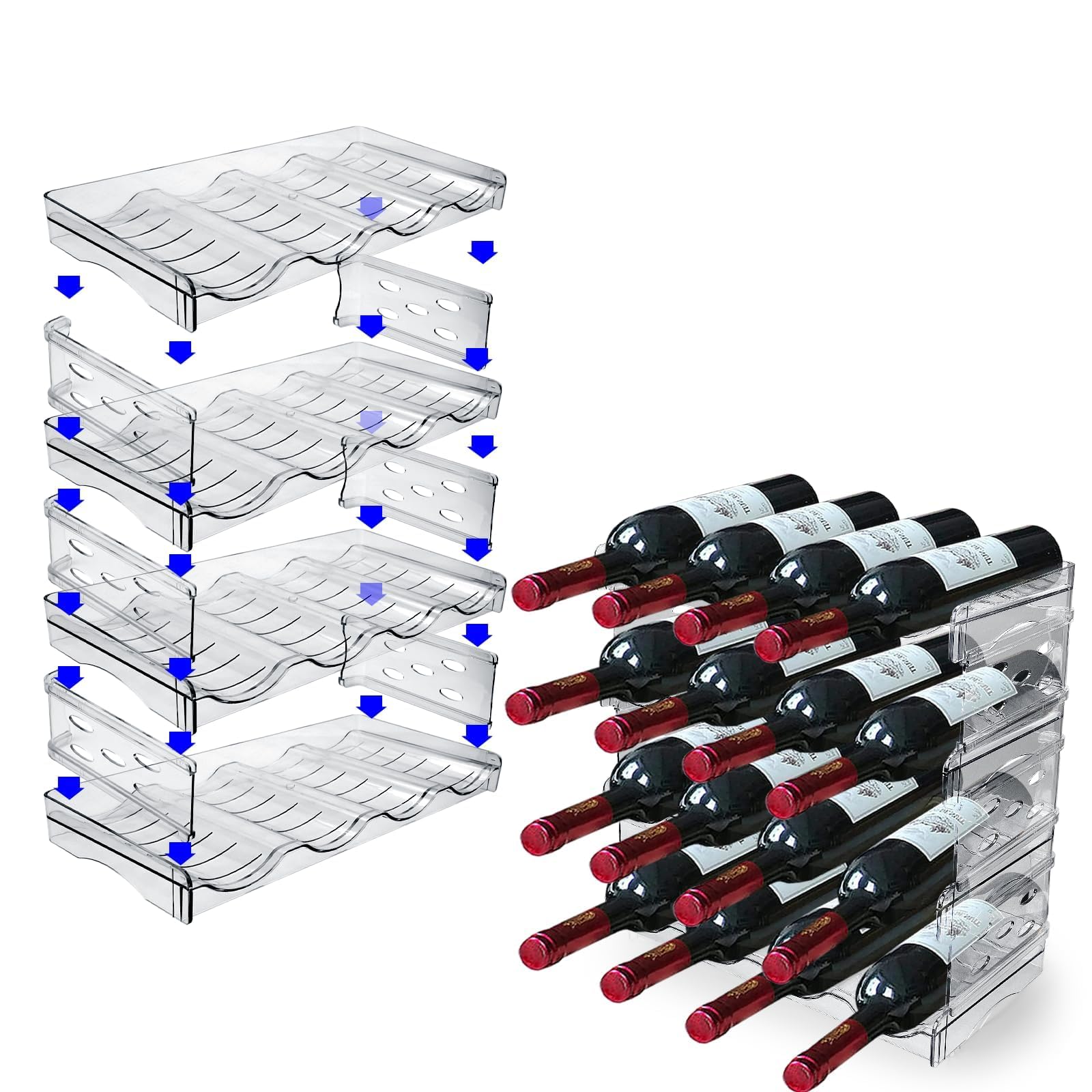 4 Pièces Range Bouteille Frigo Empilable Porte Support Rangement Bouteille Vin Eau Vertical Casier à Bouteilles Plastique Contenir Jusqu'à 16 Bouteillespour Comptoirs de Cuisine Armoire Réfrigérateur