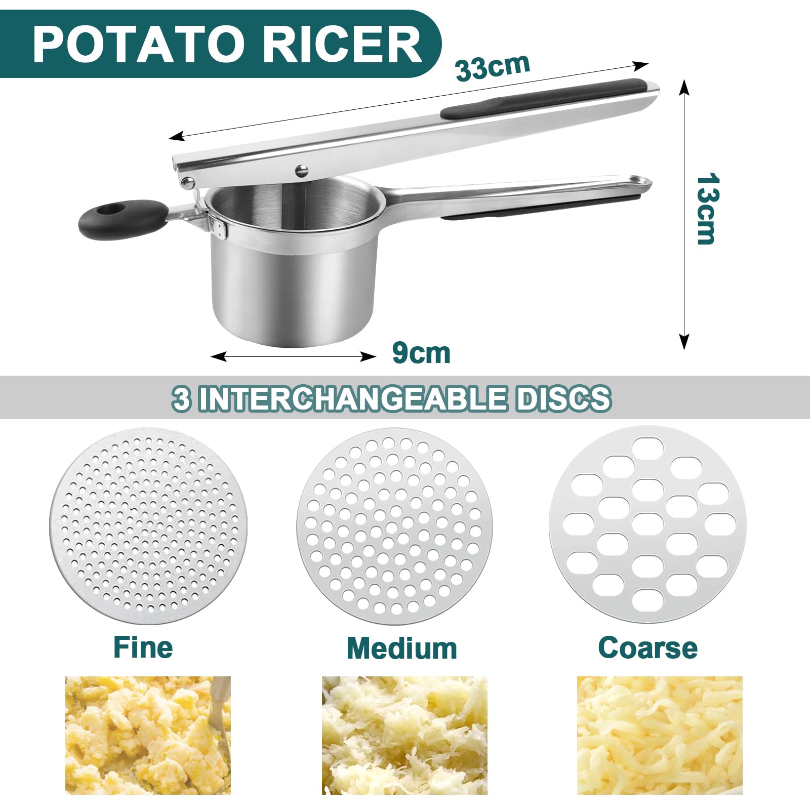 VFANDV Machacador de Patatas, Prensa de Patatas Profesionales Acero Inoxidable Triturador Patatas con 3 Discos Intercambiables Triturador Patatas para Bebés Frutas y Verduras