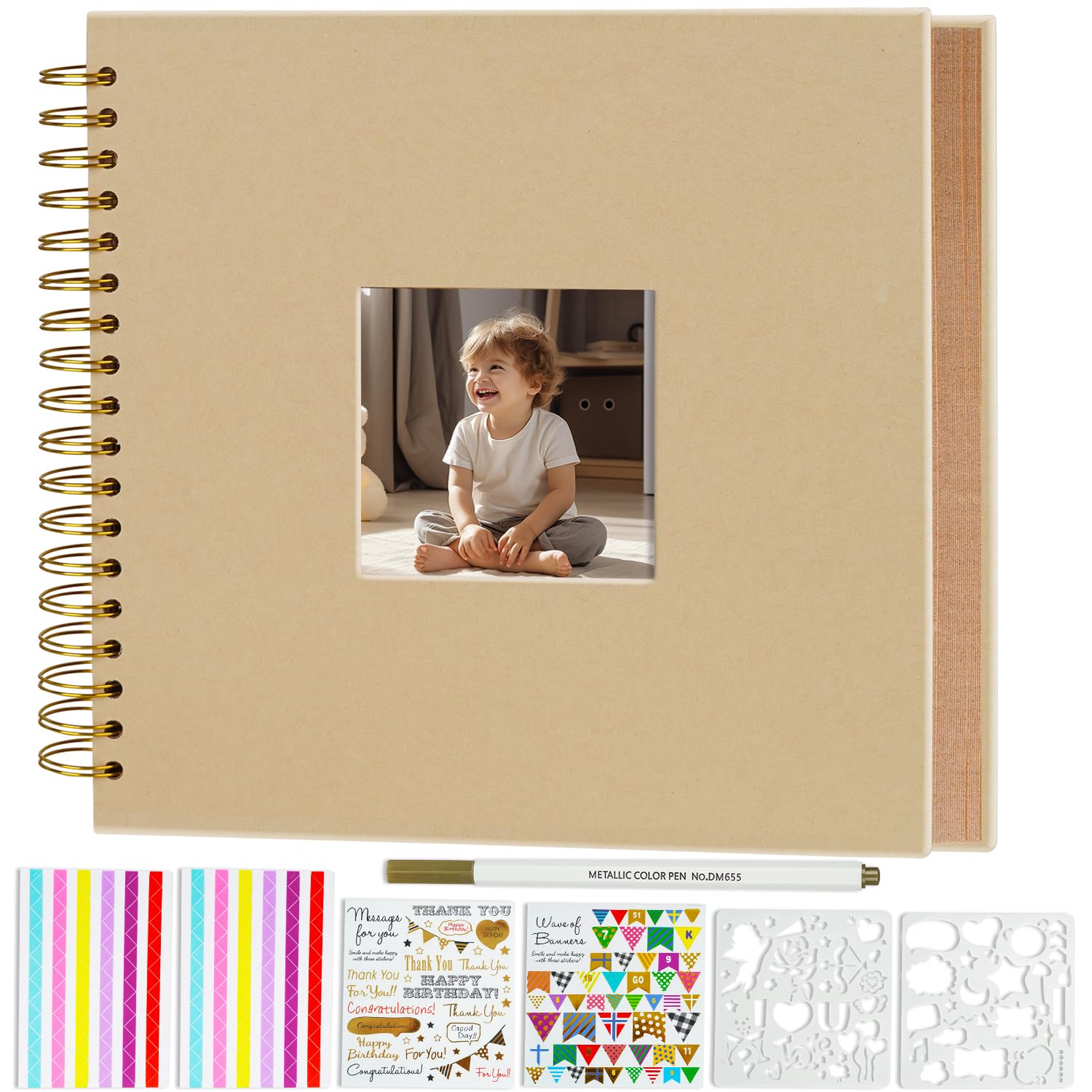 Miaikoe 20.5x20.5 cm DIY Scrapbook Album with Window Hardcover Kraft Blank Paper Scrap Book with 20 Sheets Photo Album for Guest Book Family Wedding Anniversary (Brown)