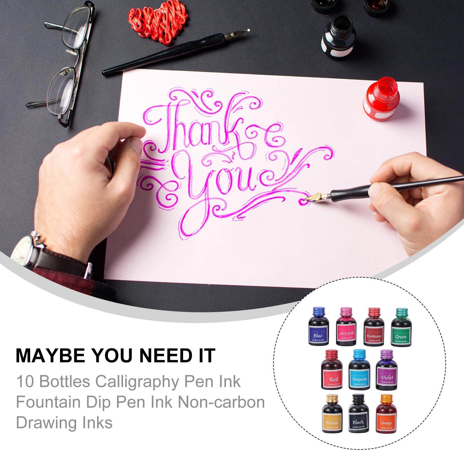 Tofficu Encre pour Stylos-plumage 10 Flacons en Verre 10 Couleurs Vives Séchage Rapide Haute Fluidité pour Calligraphie et Dessin