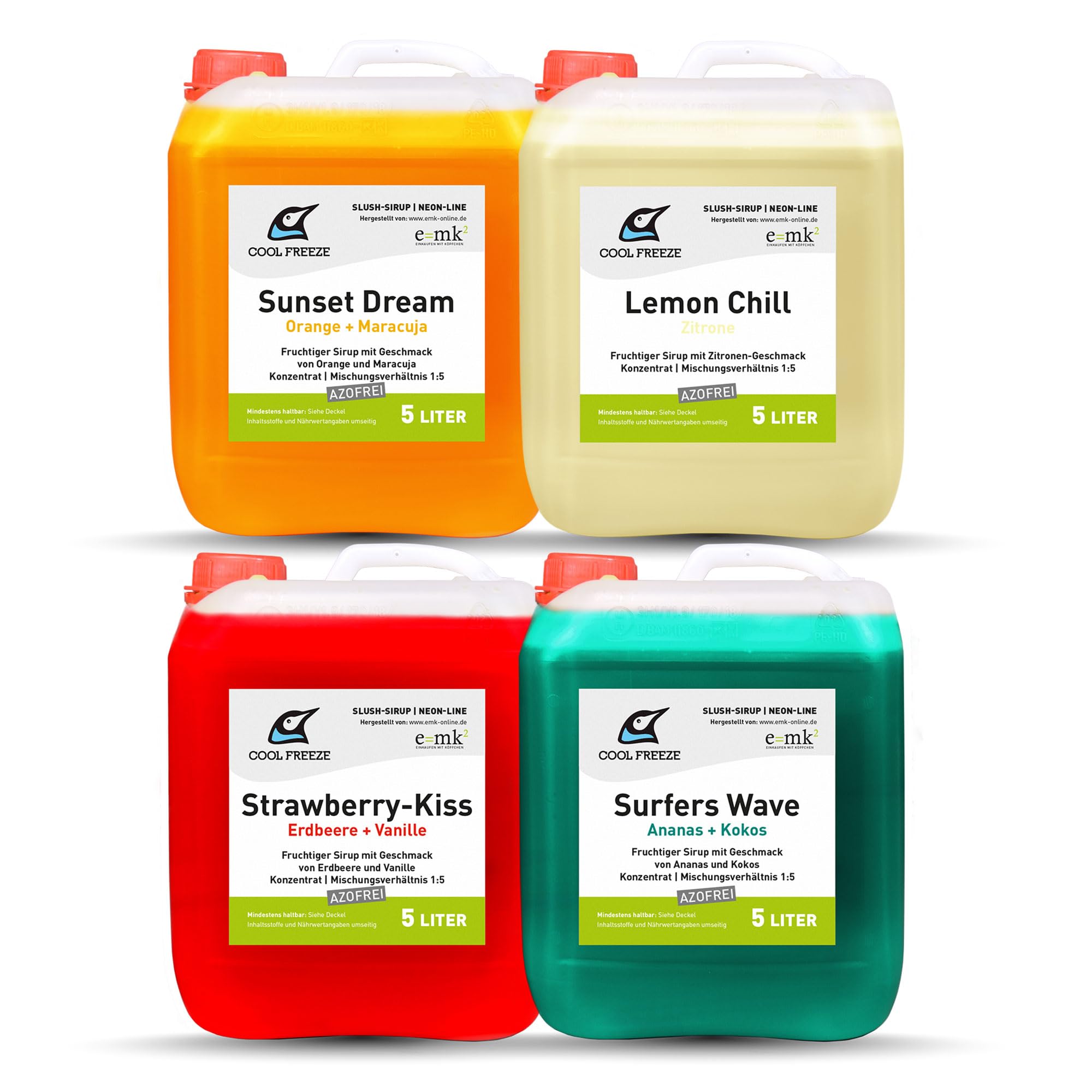 Slush-Sirup Eis 4×5 Liter Summer Edition Mix-Set – Strawberry Kiss | Sunset Dream | Lemon Chill | Surfers Wave | Konzentrat | azofrei | Angebot-Set im Profi-Kanister