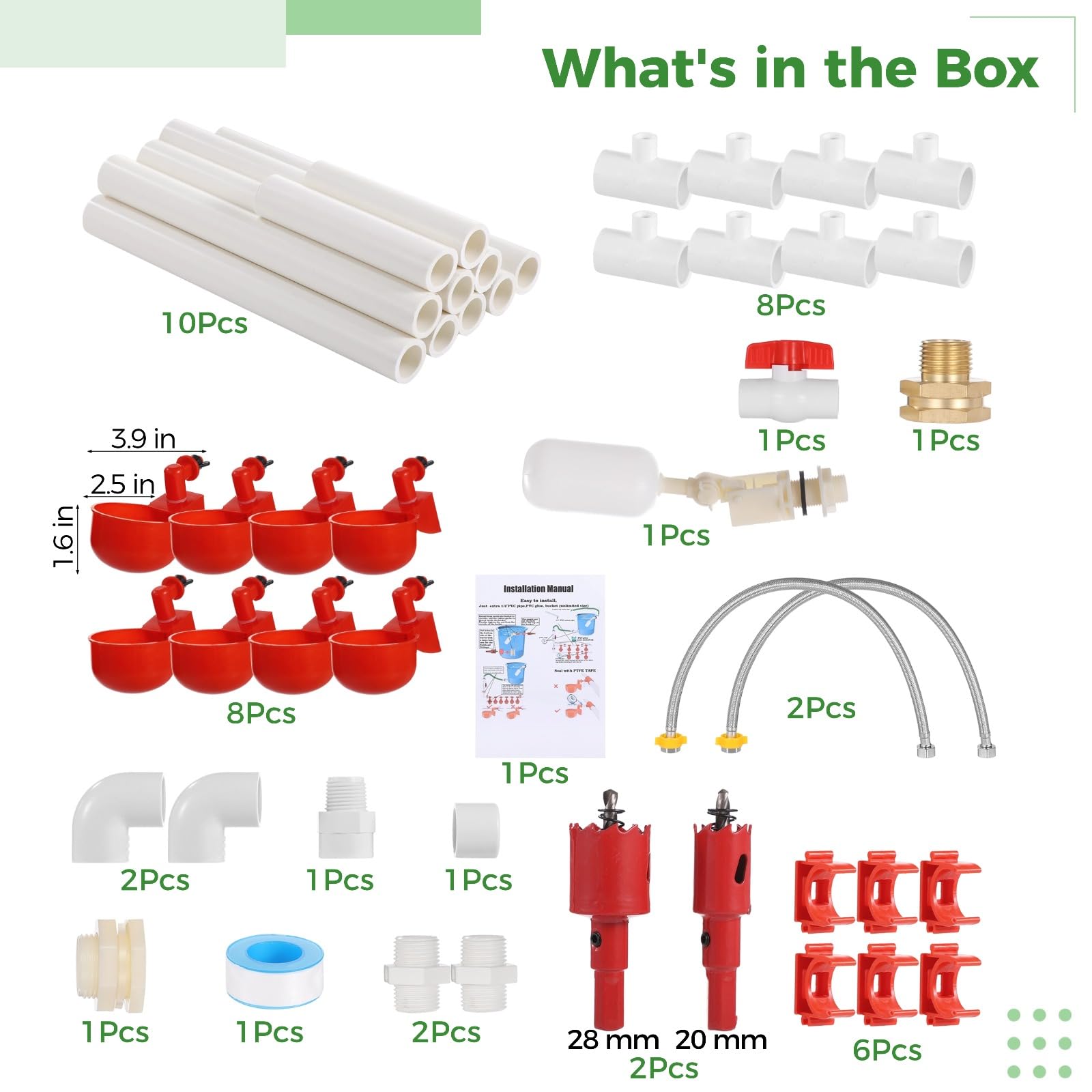 Pipeline Bebedero automático para pollos, juego completo de tubos de PVC con 8 vasos profundos, conectores en T, válvula de flotador, alimentador automático de tuberías para aves de corral