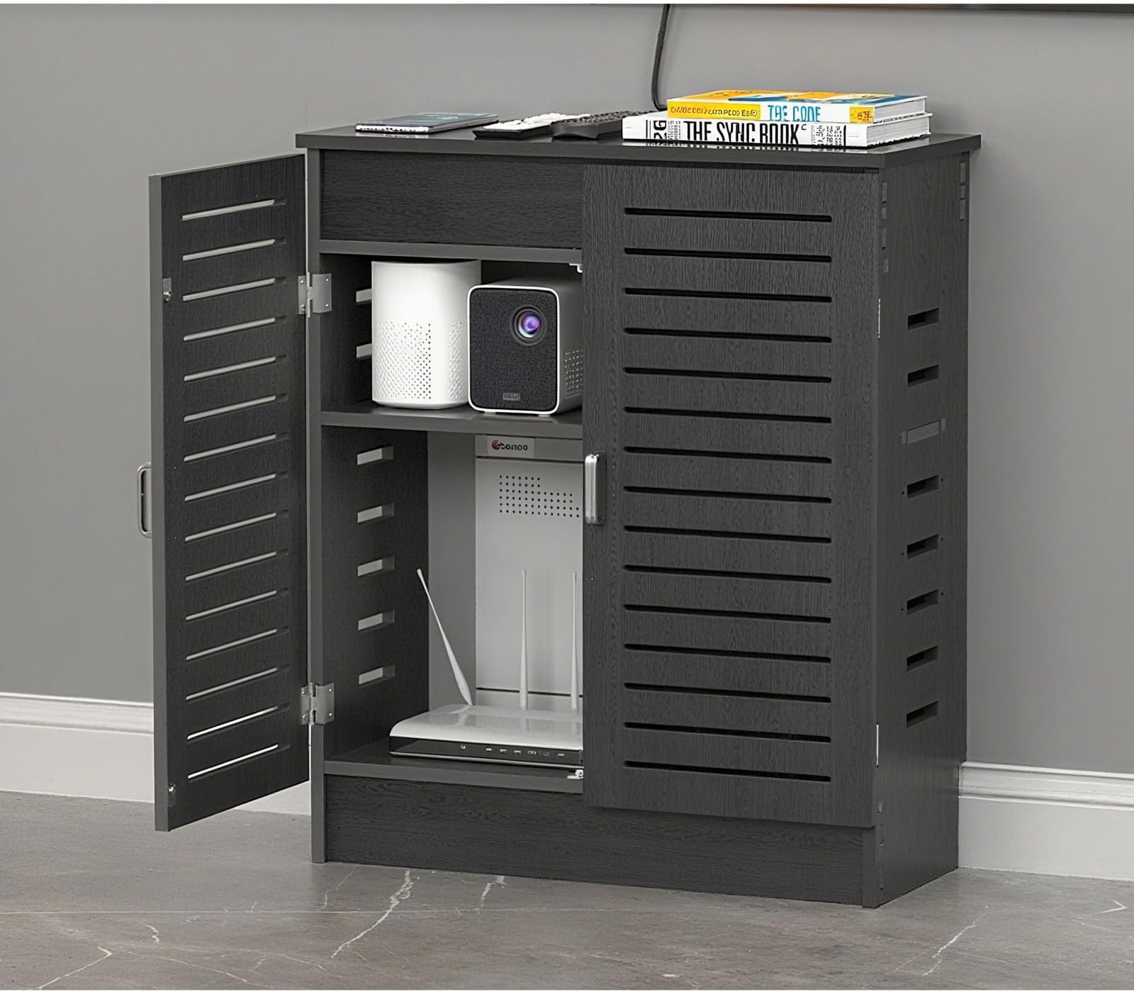 Modern WiFi Router Storage Cabinet with Adjustable Shelves Multi-Functional& Cable Management for Home Office Gray Network Router Stand (50x80x25cm)