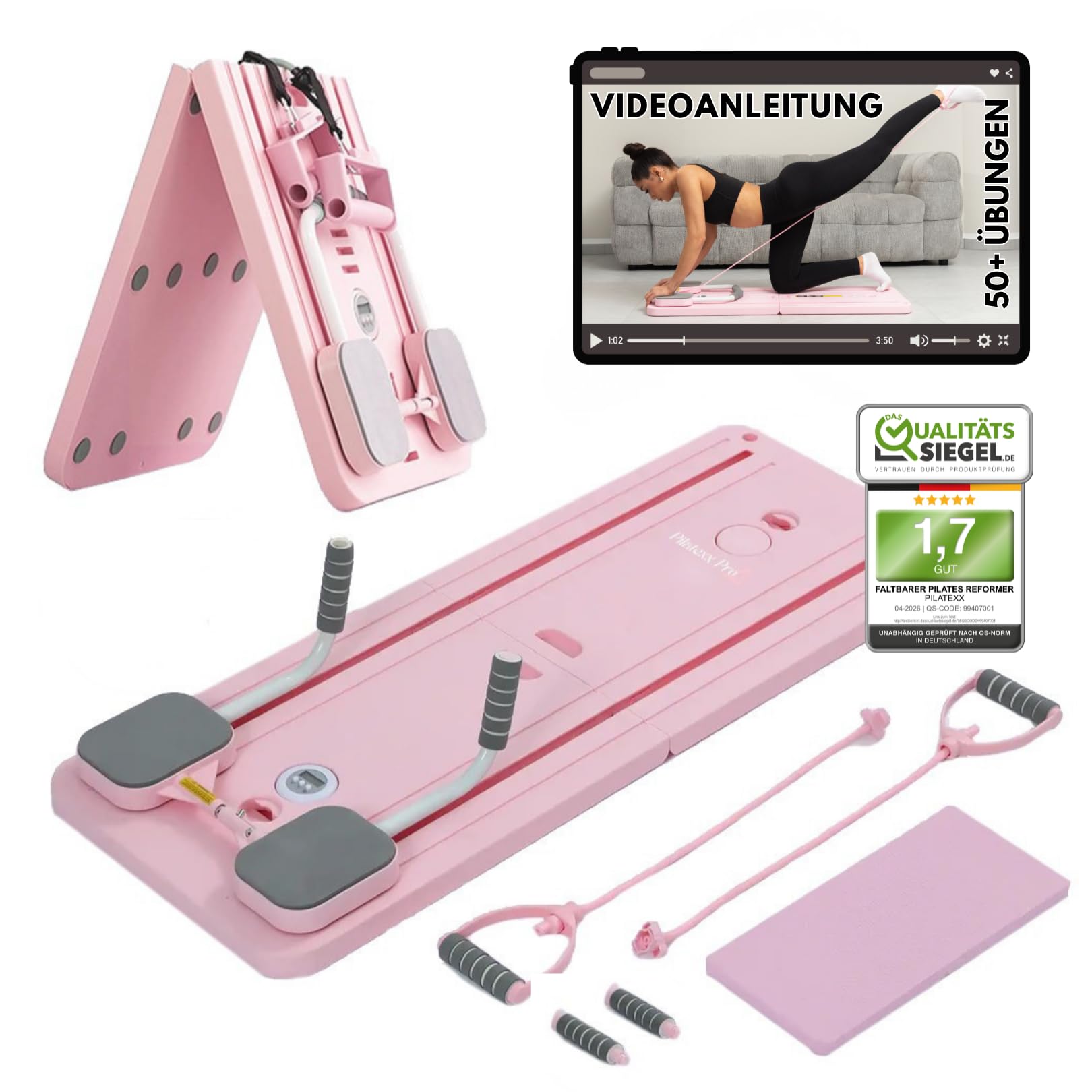 Pro - Faltbarer Pilates Reformer inkl. Videobibliothek (50+ Übungen) & Trainingspläne - 6 in 1 Komplettset – gelenkschonendes Ganzkörpertraining