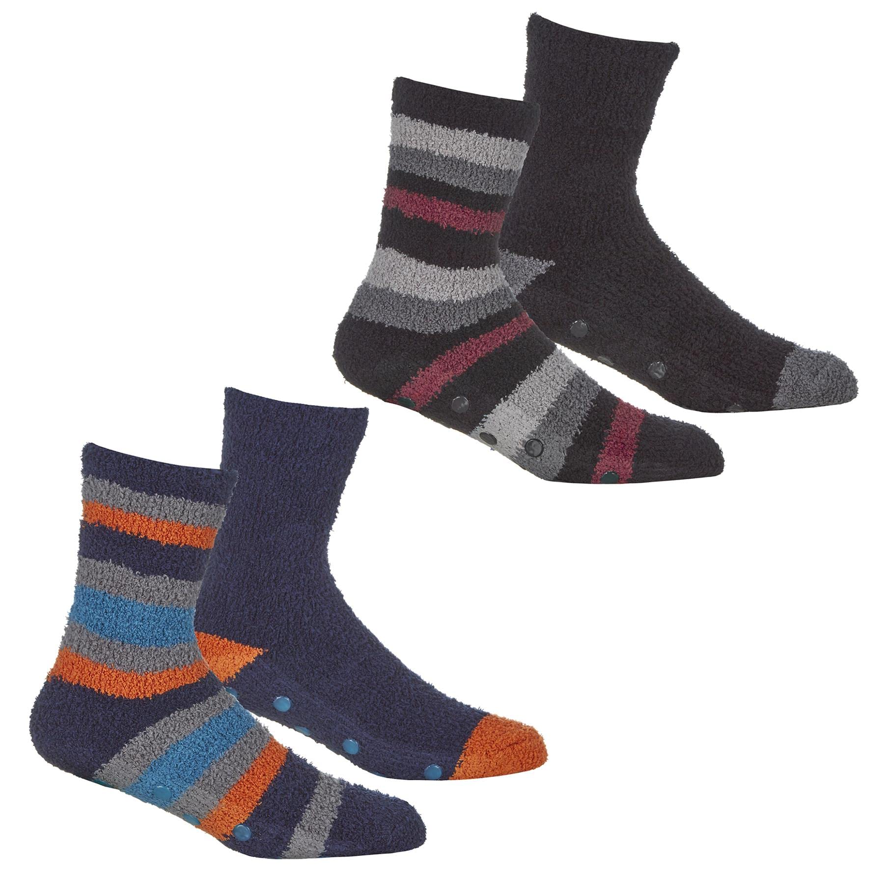 Sock Stack 4 Pairs Of Mens Striped Fluffy Slipper Socks Non-Skid Gripper Sock Winter Gift 6-11