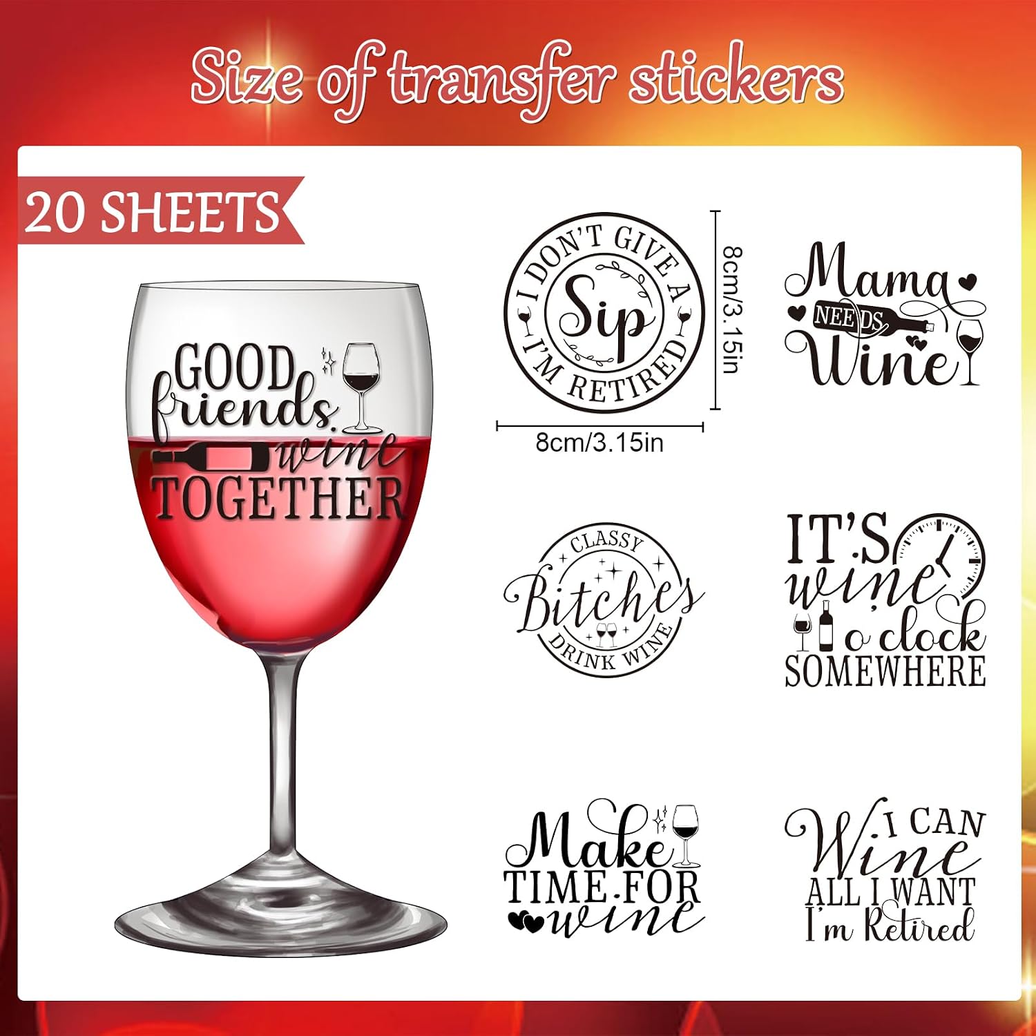 Rngmsi UV DTF Cup Wrap - 20 Sheets Funny Wine UV DTF Cup Wraps for 16 oz Glass, Humorous Quotes Dinosaur Uvdtf Stickers, Rub on Transfer Decals for DIY Wine Bottle Mug Crafts image 2