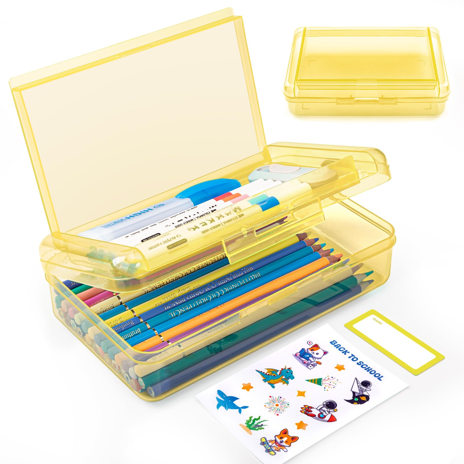 Double Layer Plastic Clear Hard Pencil Cases Box with Personalized sticker