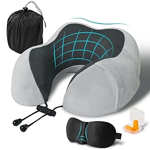 FANHOMAS FANHOMAS Almohada de Viaje, Cojin Cuello Viaje de Espuma Memoria, Almohada Cervical para Oficina Avión Tren Coche Viajando, Travel Neck Pillow con Tapones para los Oídos y Máscara de los Ojos - Gris