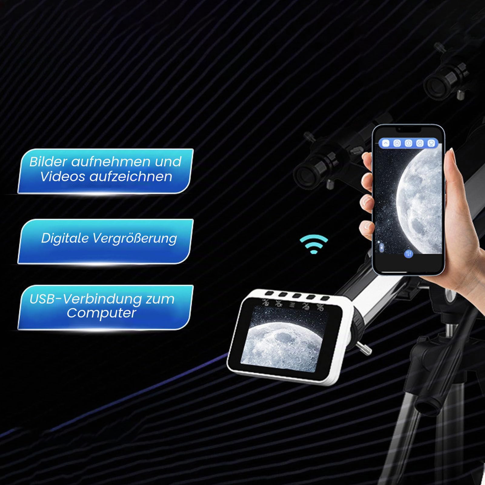 Denash WiFi Teleskopkamera Okular, Kabelloses 2,8 Zoll Display, 1080P Videorecorder für Astrofotografie und Vogelbeobachtung