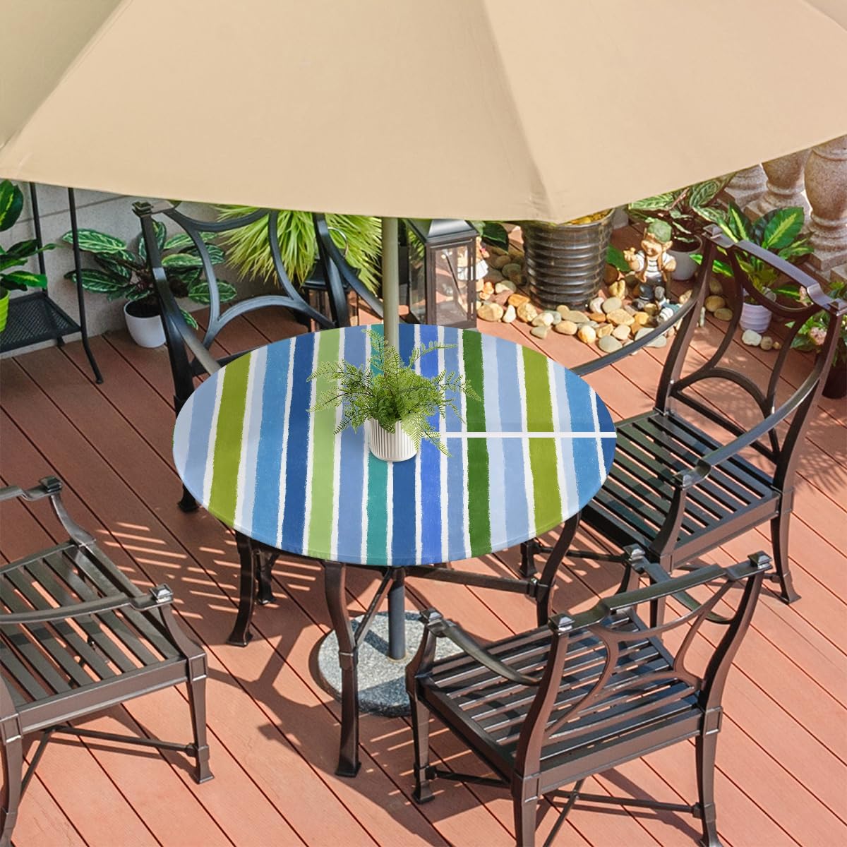 Fitted Round Outdoor Tablecloth with Umbrella Hole, Blue Teal Stripes Patio Table Cover with Zipper Spring Decoration Waterproof Umbrella Table Cover for Party Picnic, Fit for 45"-56" Round Tables