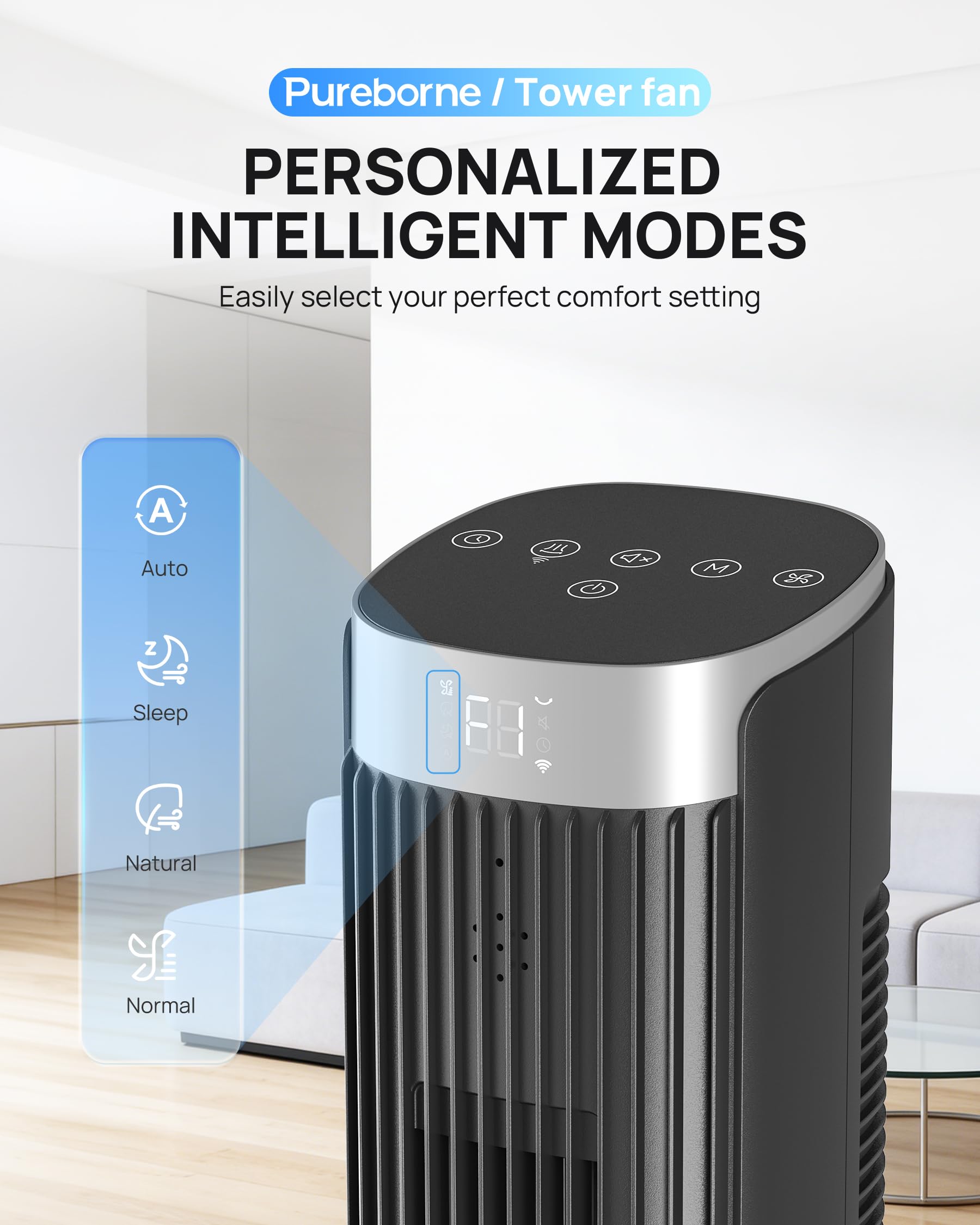Leiser Ventilator, 25dB Smart Turmventilator, 90° Oszillation Tower Fan, 4 Stufen, 12H Timer Turmventilatoren für Schlafzimmer, 109cm, Schwarz, 1 Pack+ 4 Modi